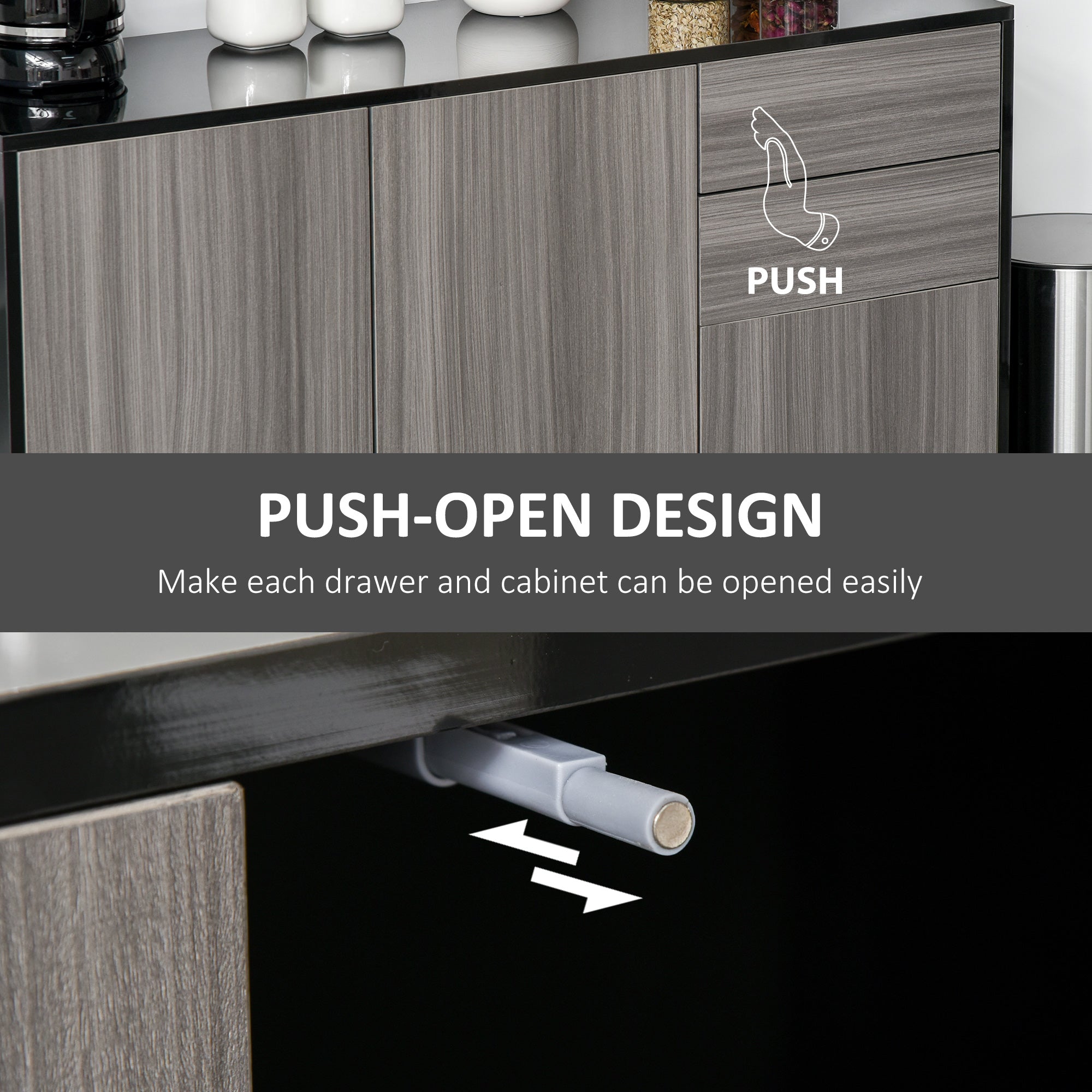 HOMCOM High Gloss Frame Sideboard, Side Cabinet, Push-Open Design with 2 Drawer for Living Room, Bedroom, Light Grey and Black - North Peak Garden Furniture
