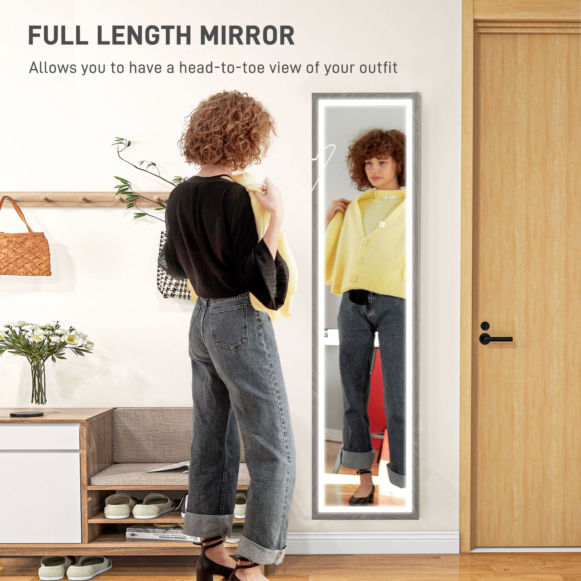 HOMCOM Full Length Mirror, with Adjustable Outer Light, Grey - North Peak Garden Furniture