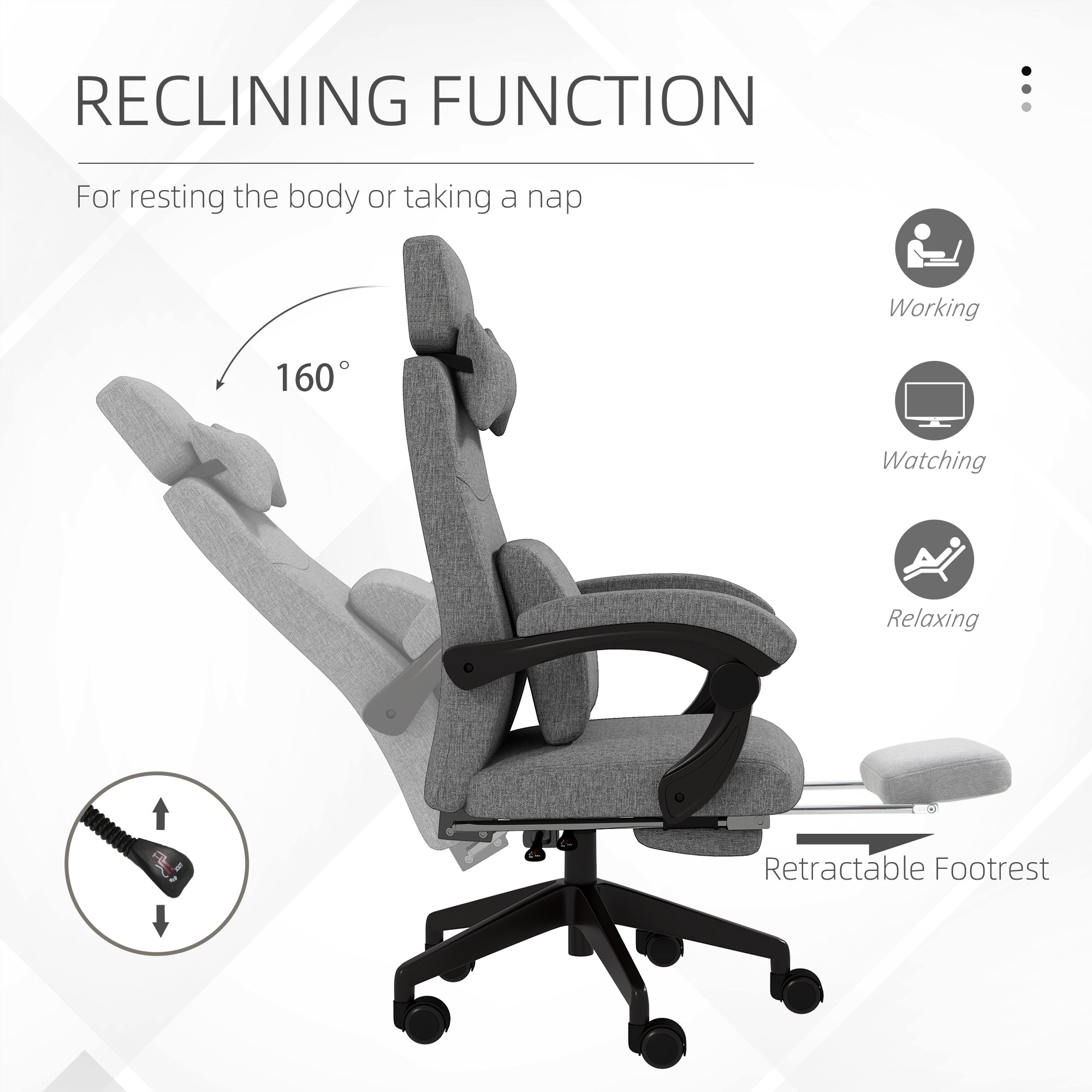 Vinsetto Linen-Look Office Chair, with 160° Reclining Back and Footrest - Grey - North Peak Garden Furniture