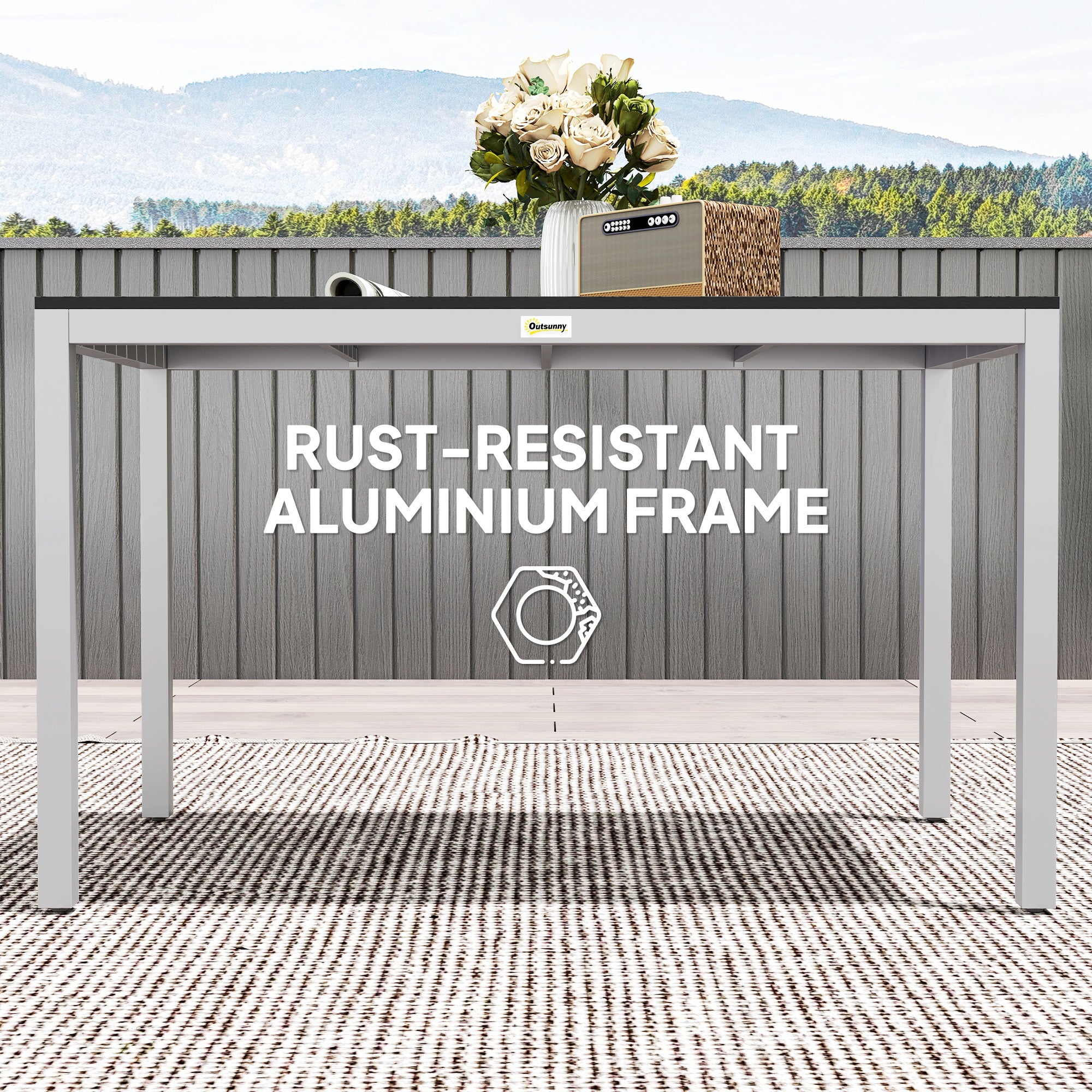 Outsunny Garden Table for 4-6, 120 x 70 cm Outdoor Dining Table with Rust-Resistant Aluminium Frame, Easy Maintenance Slatted Top, for Patio, Terrace, Balcony, Black - North Peak Garden Furniture