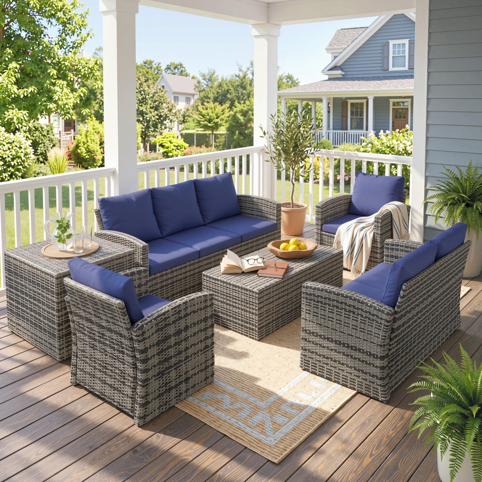 Outsunny 6 Pieces Rattan Garden Furniture Set, 7 Seater Wicker Outdoor Furniture Set with Storage Tea Table & Side Table, Sectional Garden Sofa Set with Cushions, Navy Blue