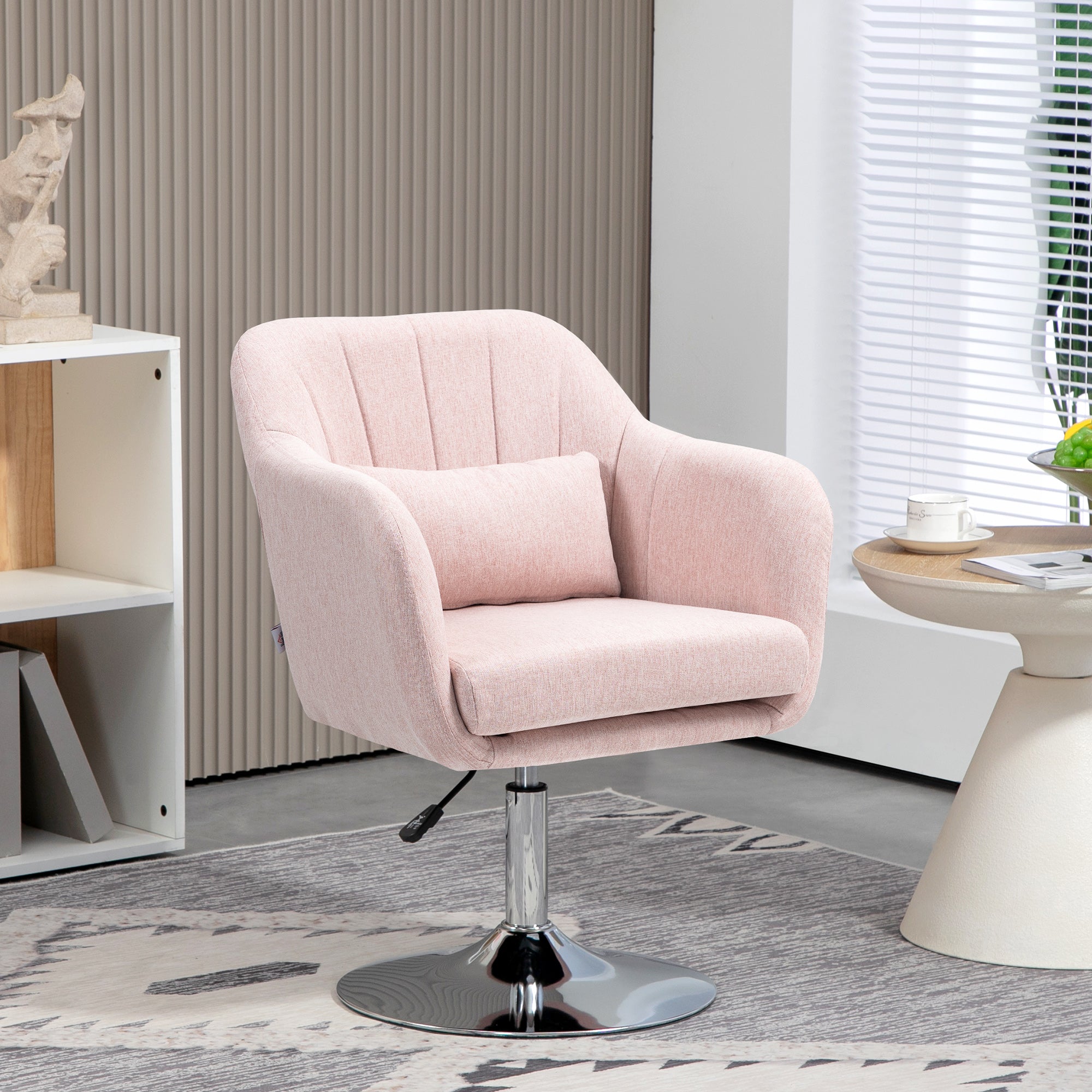 HOMCOM Swivel Linen Fabric Accent Chair for Living Room Contemporary Vanity Armchair with Adjustable Height Thick Cushion Lumbar Support Armrest for Bedroom Office Pink - North Peak Garden Furniture
