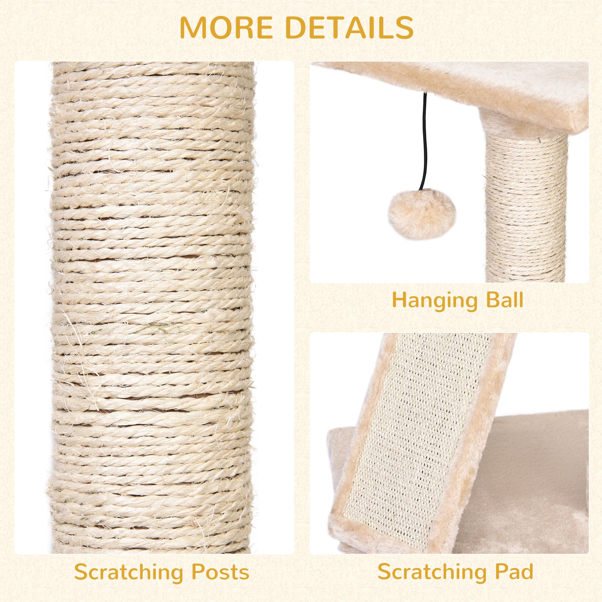 PawHut Interactive 3-Tier Cat Scratching Post: Sisal Rope and Dangle Toy for Play, Beige