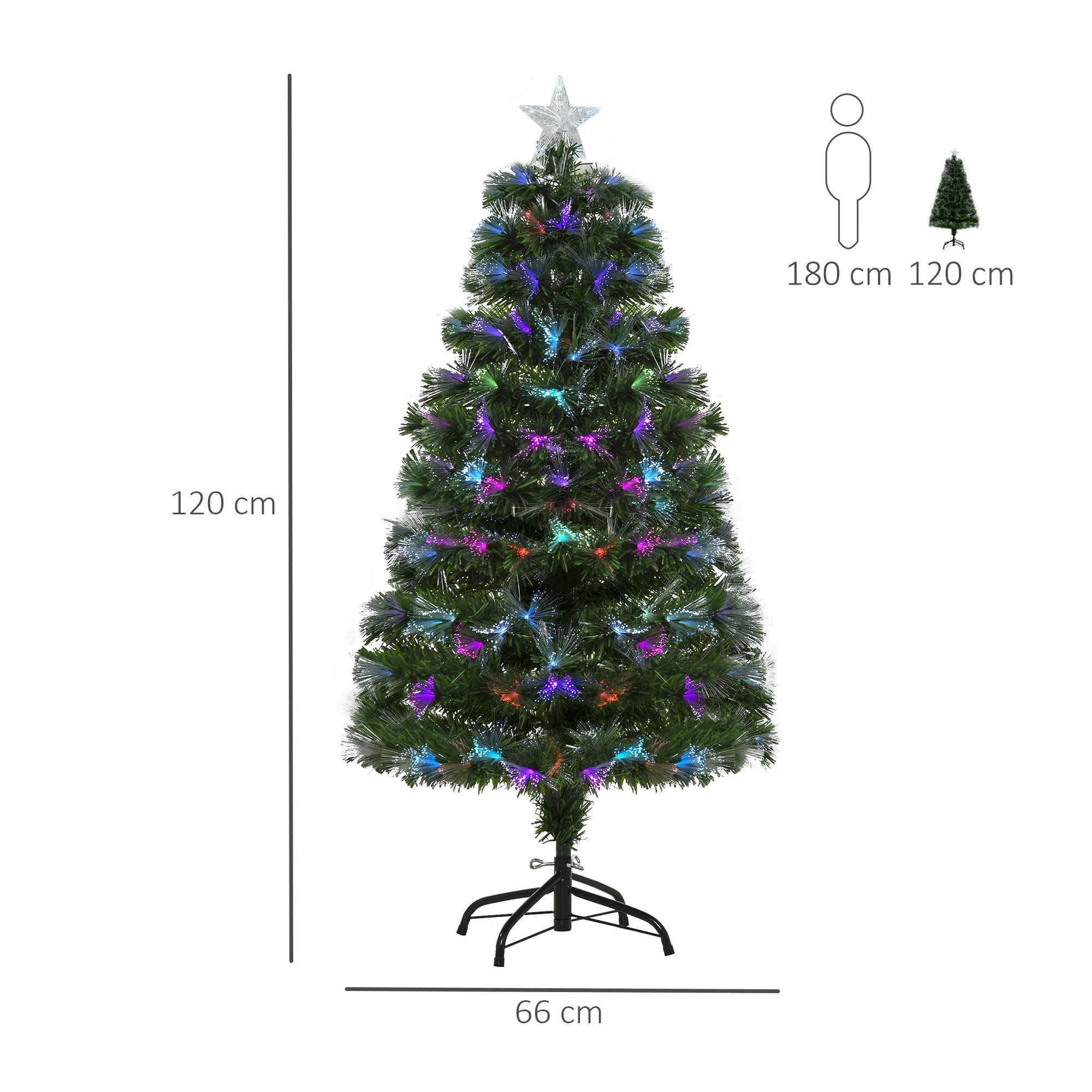 HOMCOM 4FT Multicoloured Artificial Christmas Tree w/ Fibre Optic Lights Pre-Lit Modes Metal Stand Star Holder Home Seasonal Decoration - North Peak Garden Furniture