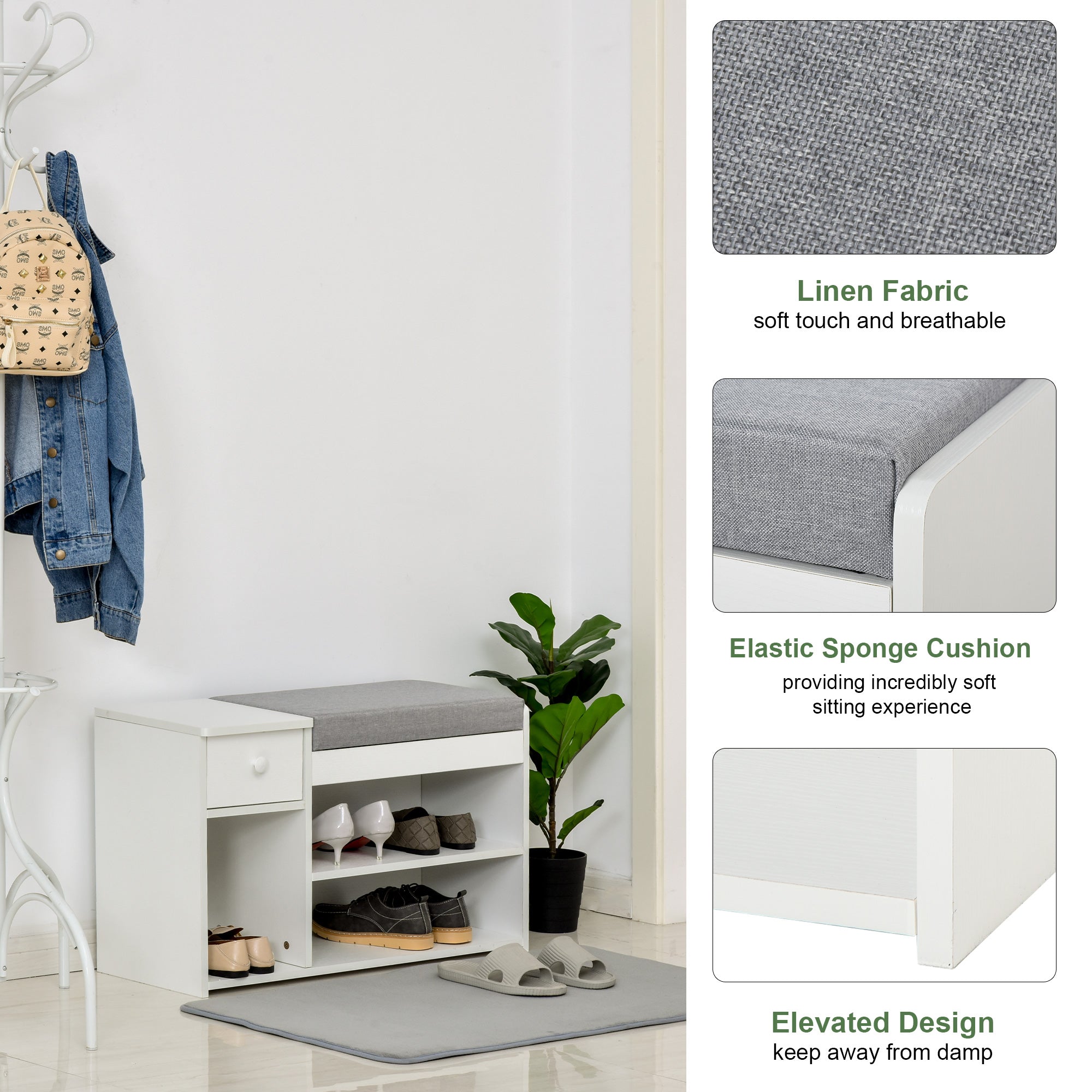 HOMCOM Multi-Storage Shoe Bench w/ Drawer 3 Compartments Cushioned Home Organisation Furniture Tidy Boots Hallway Entryway White - North Peak Garden Furniture