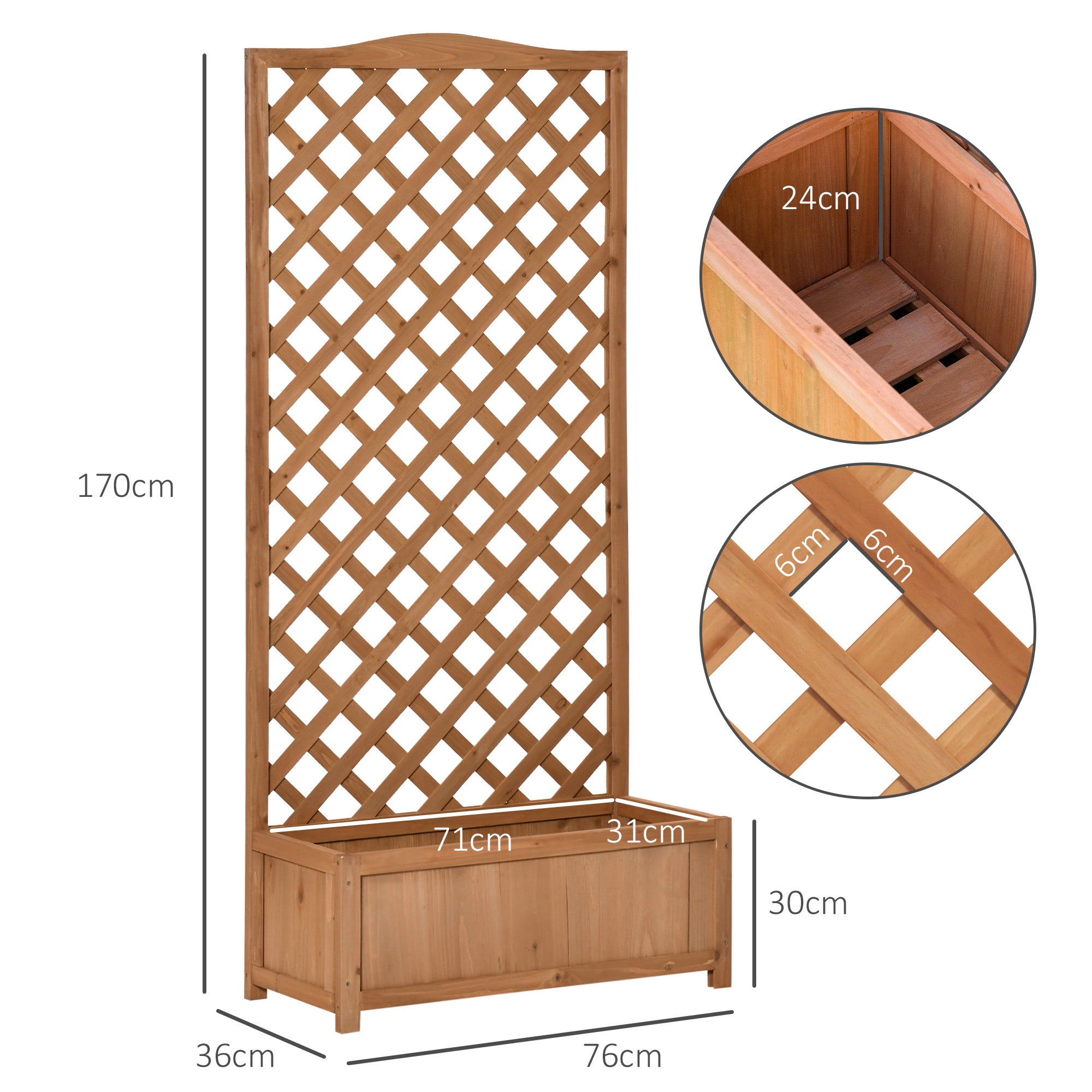 Outsunny 53L Garden Wooden Planter Box with Trellis Free Standing Flower Raised Bed with Lattice for Climbing Plants, 76cm x 36cm x 170cm, Brown - North Peak Garden Furniture