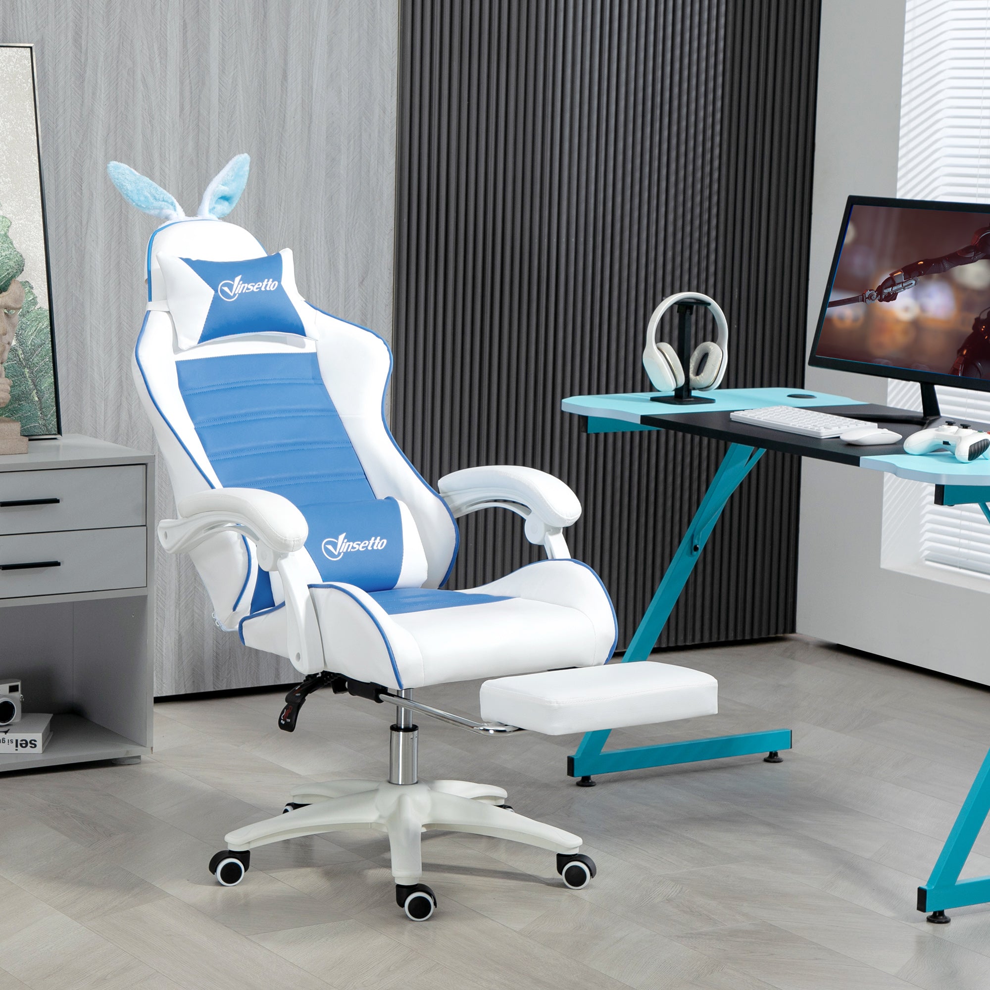 Vinsetto Racing Gaming Chair, Reclining PU Leather Computer Chair with Removable Rabbit Ears, Footrest and Lumber Support, Blue - North Peak Garden Furniture