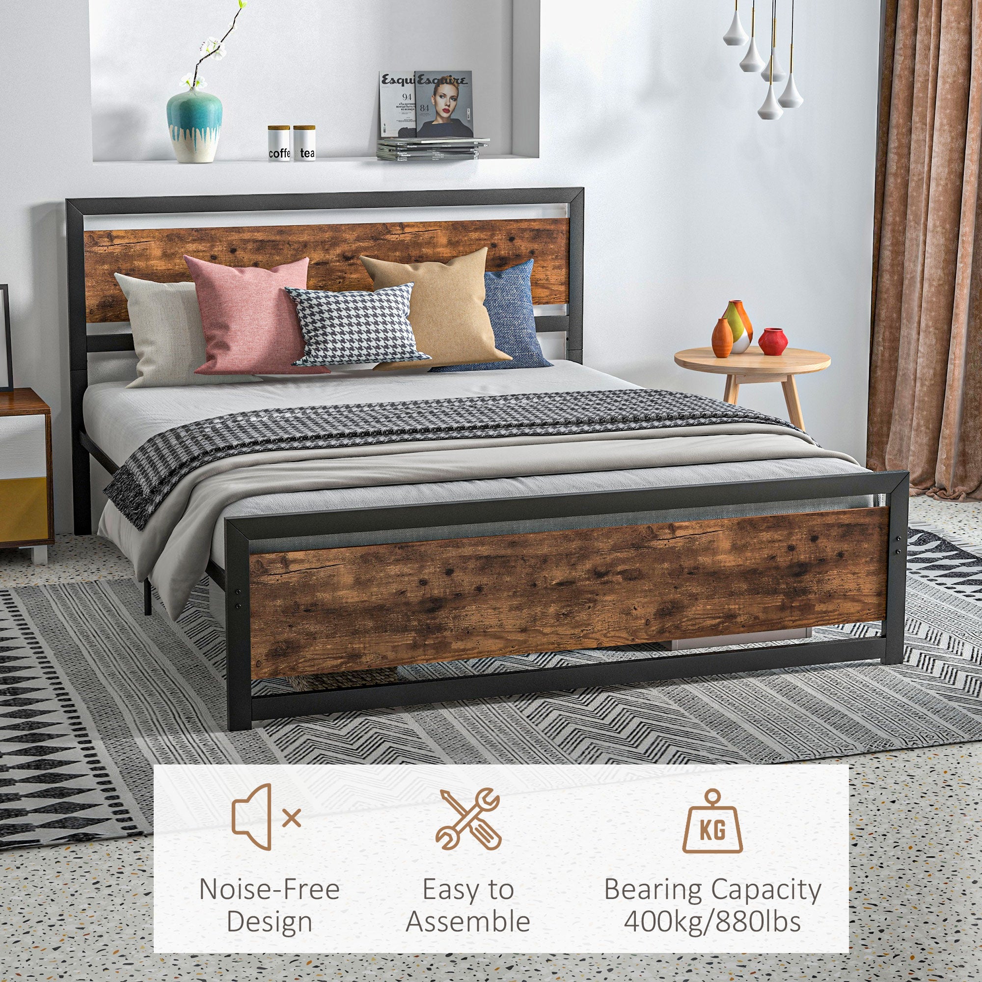 HOMCOM King Size Metal Bed Frame with Headboard & Footboard, Strong Slat Support Full Bed Frame w/ Underbed Storage Space, Bedroom Furniture For Adults - North Peak Garden Furniture