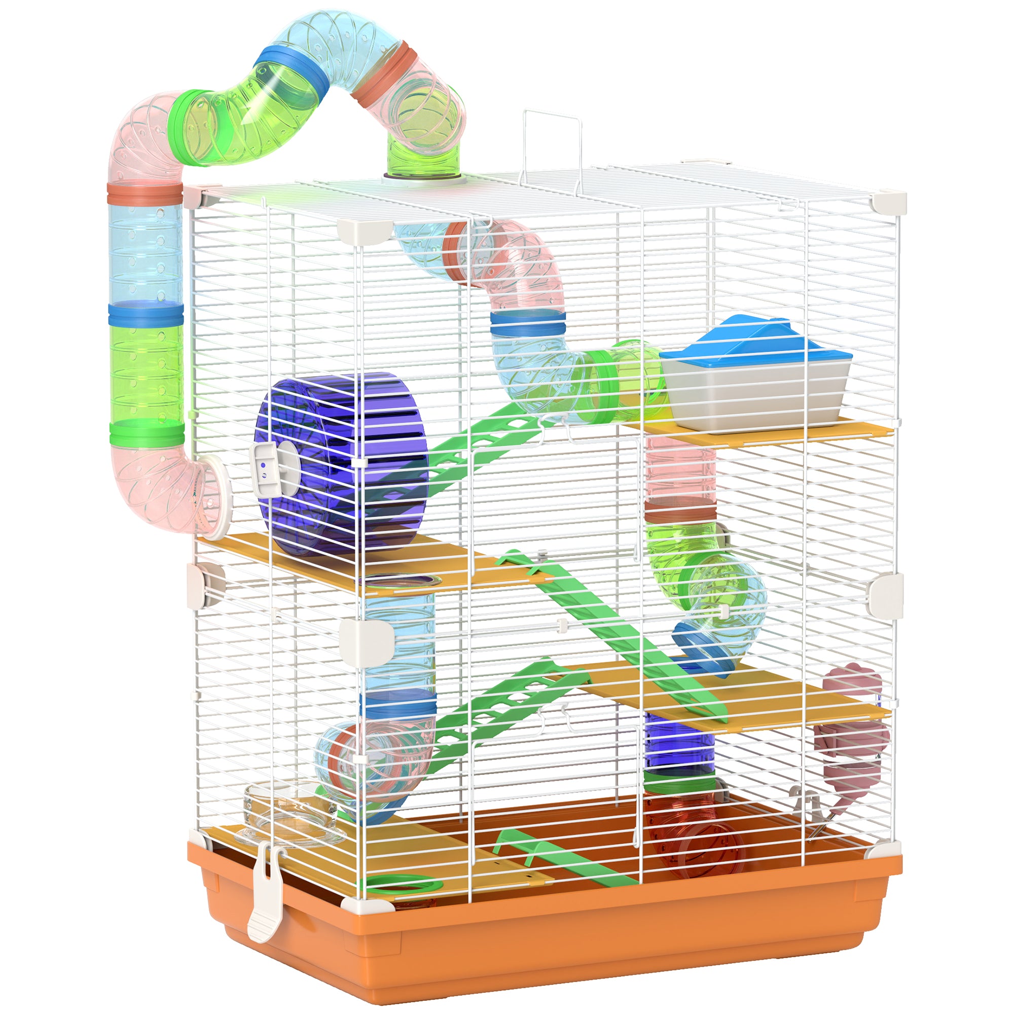 PawHut 5 Tier Hamster Cage Carrier Habitat w/ Exercise Wheels, Tunnel, Orange - North Peak Garden Furniture