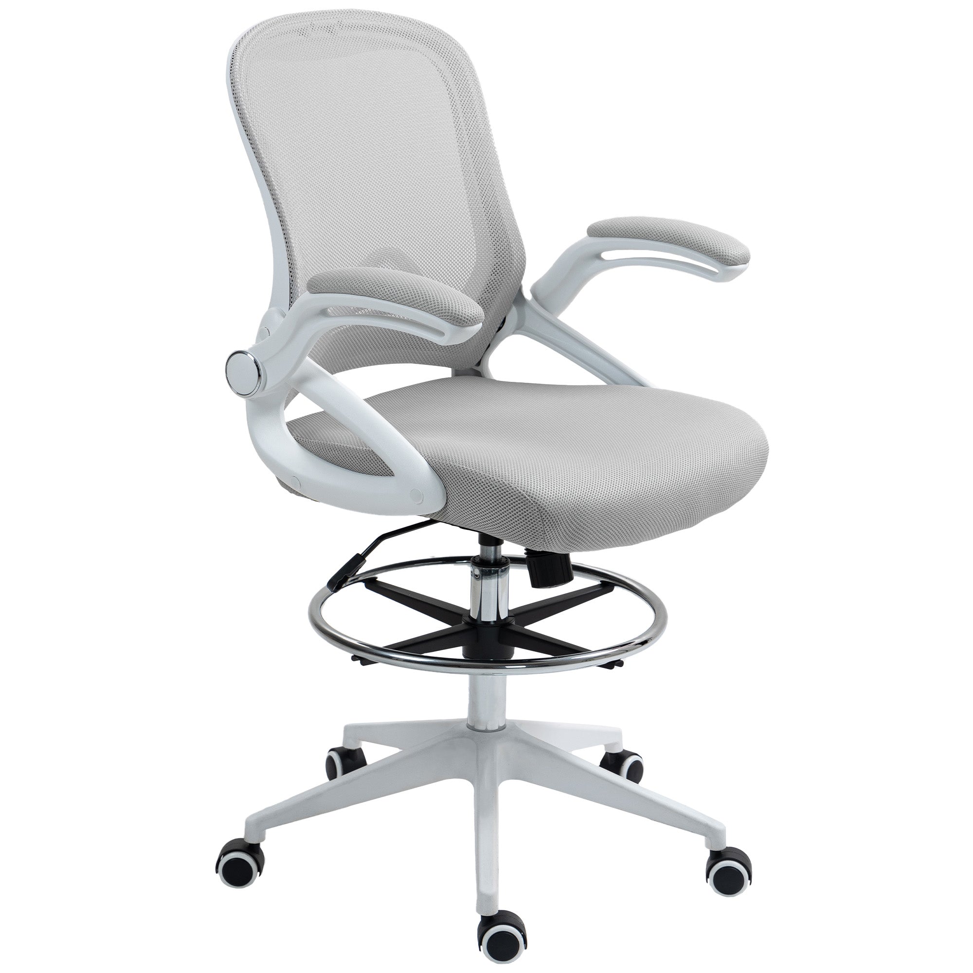 Vinsetto Drafting Chair with Flip-up Armrest, Mesh Office Stool with Foot Ring, 360° Swivel Height Adjustable Chair for Standing Desk, Light Grey - North Peak Garden Furniture