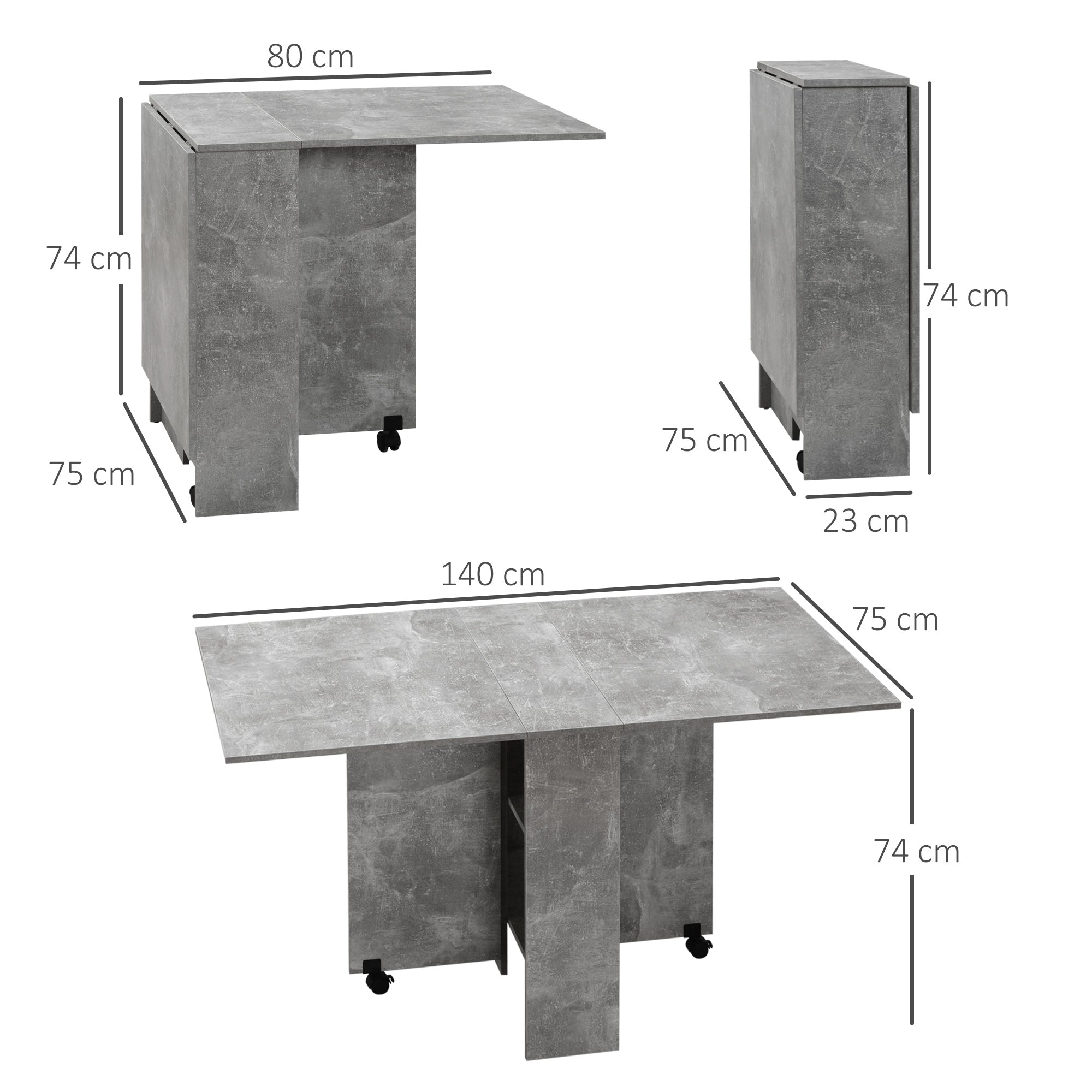 HOMCOM Folding Dining Table, Drop Leaf Table for Small Spaces with 2-tier Shelves, Small Kitchen Table with Rolling Casters, Cement Grey - North Peak Garden Furniture