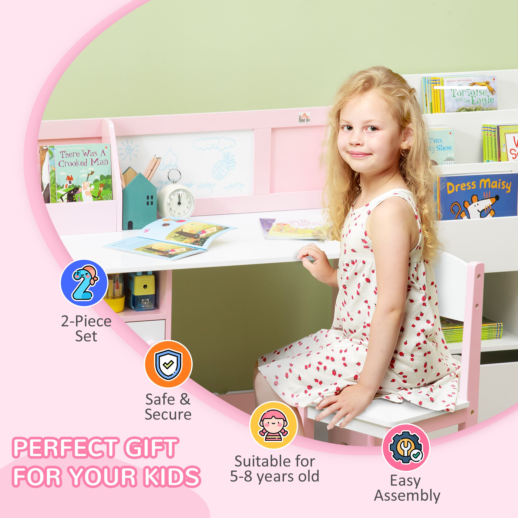HOMCOM Kids Desk And Chair Set 2 PCs Childrens Table And Chair Set Multi Use Toddler Furniture with Whiteboard, Storage - Pink - North Peak Garden Furniture
