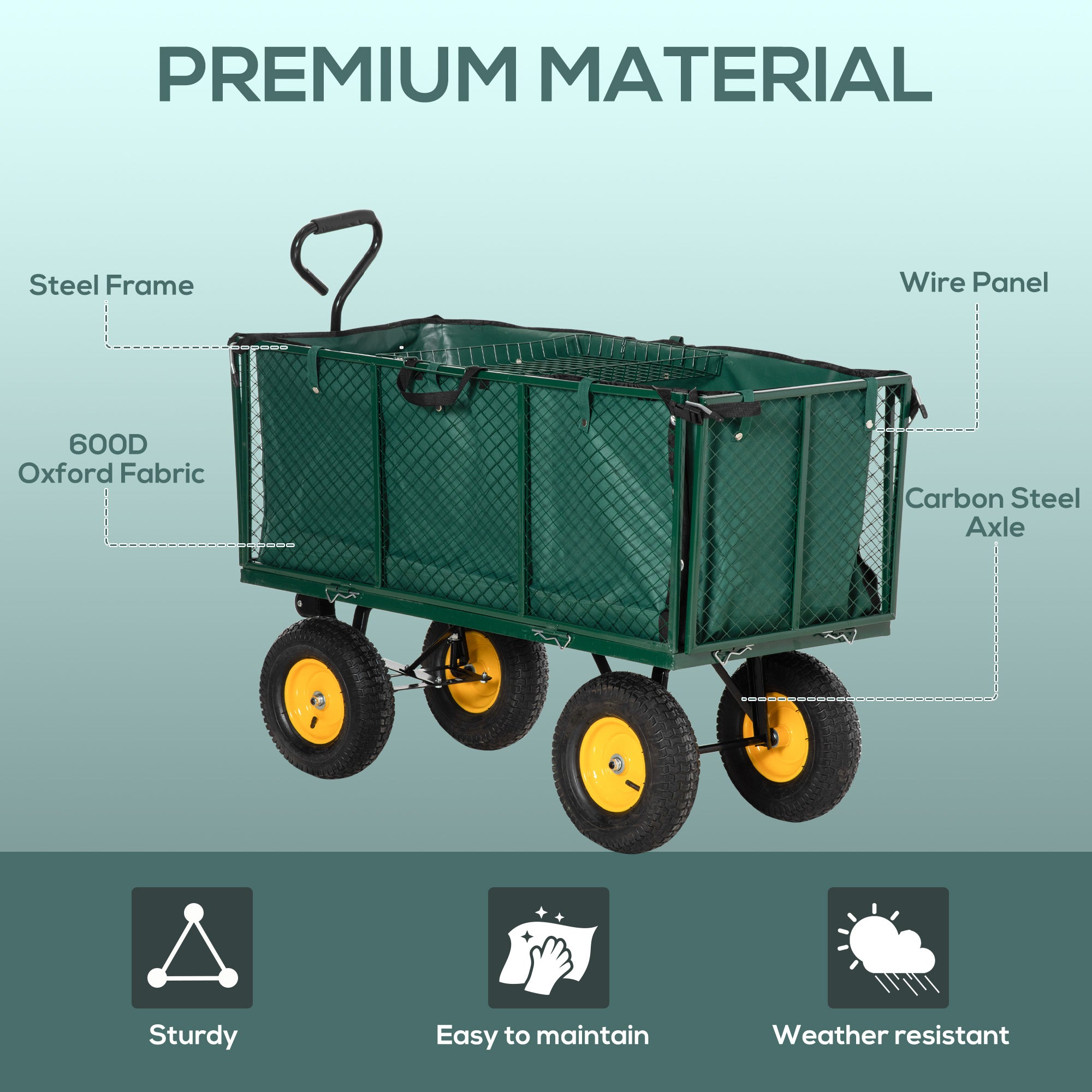 Outsunny Large 4 Wheel Heavy Duty Garden Cart Truck Trolley Wheelbarrow with Handle and Metal Frame - Green