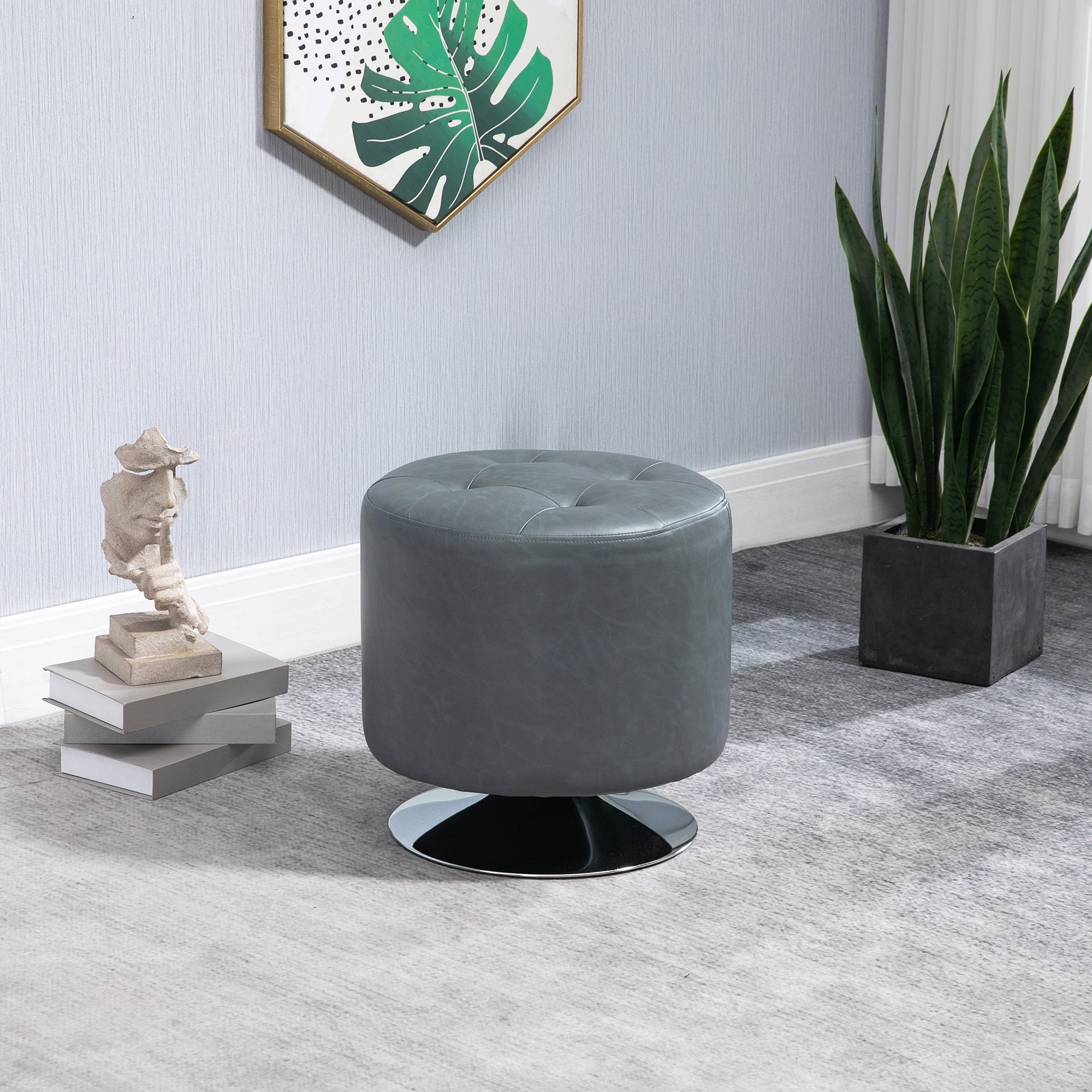 HOMCOM 360° Swivel Foot Stool Round PU Ottoman with Thick Sponge Padding and Solid Steel Base, Grey - North Peak Garden Furniture