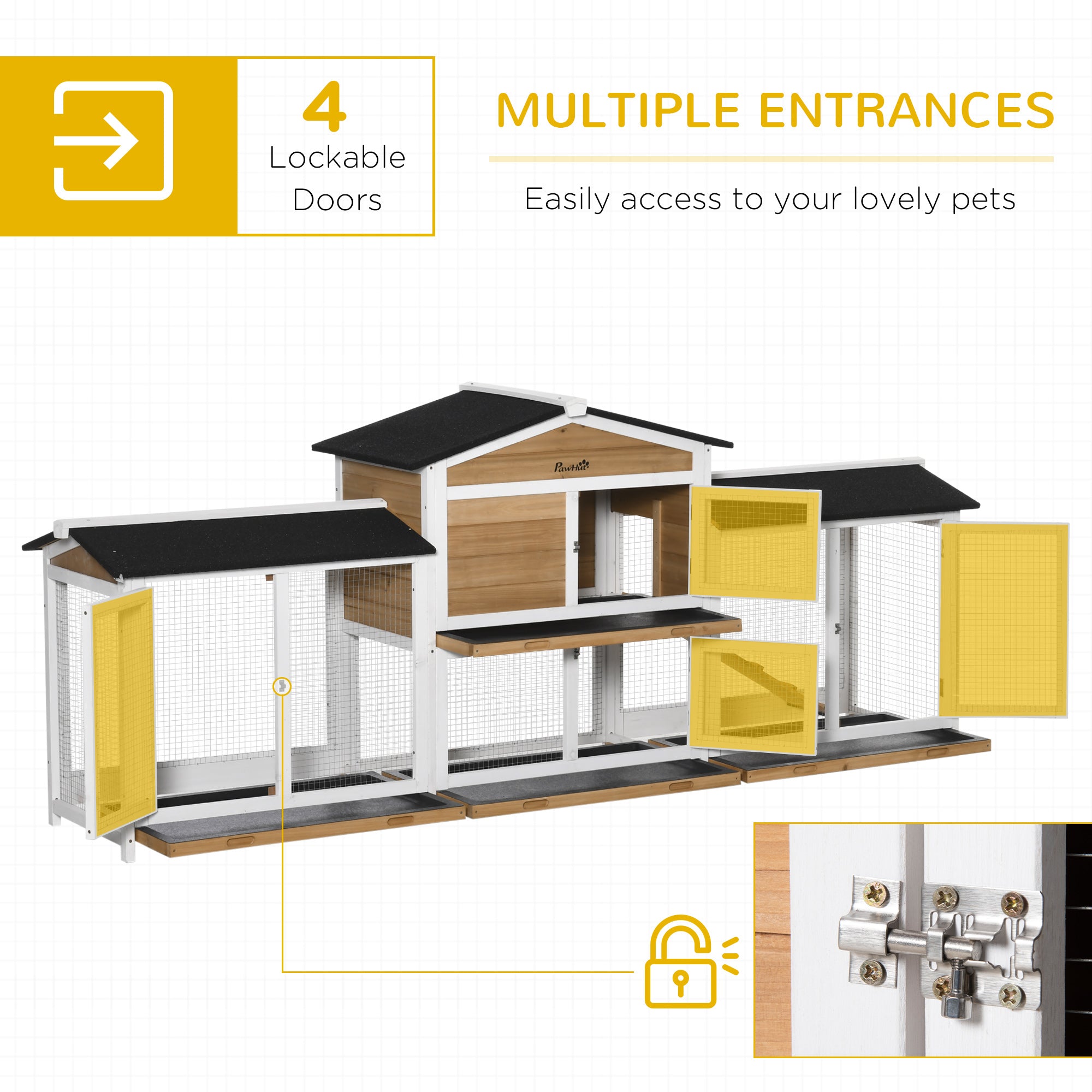 PawHut Large Rabbit Hutch Outdoor, 2-Tier Guinea Pig Hutch, Wooden Bunny Run, Small Animal House with Double Side Run Boxes, No-leak Plastic Tray, Ramp, 230 x 53 x 93.5cm - North Peak Garden Furniture