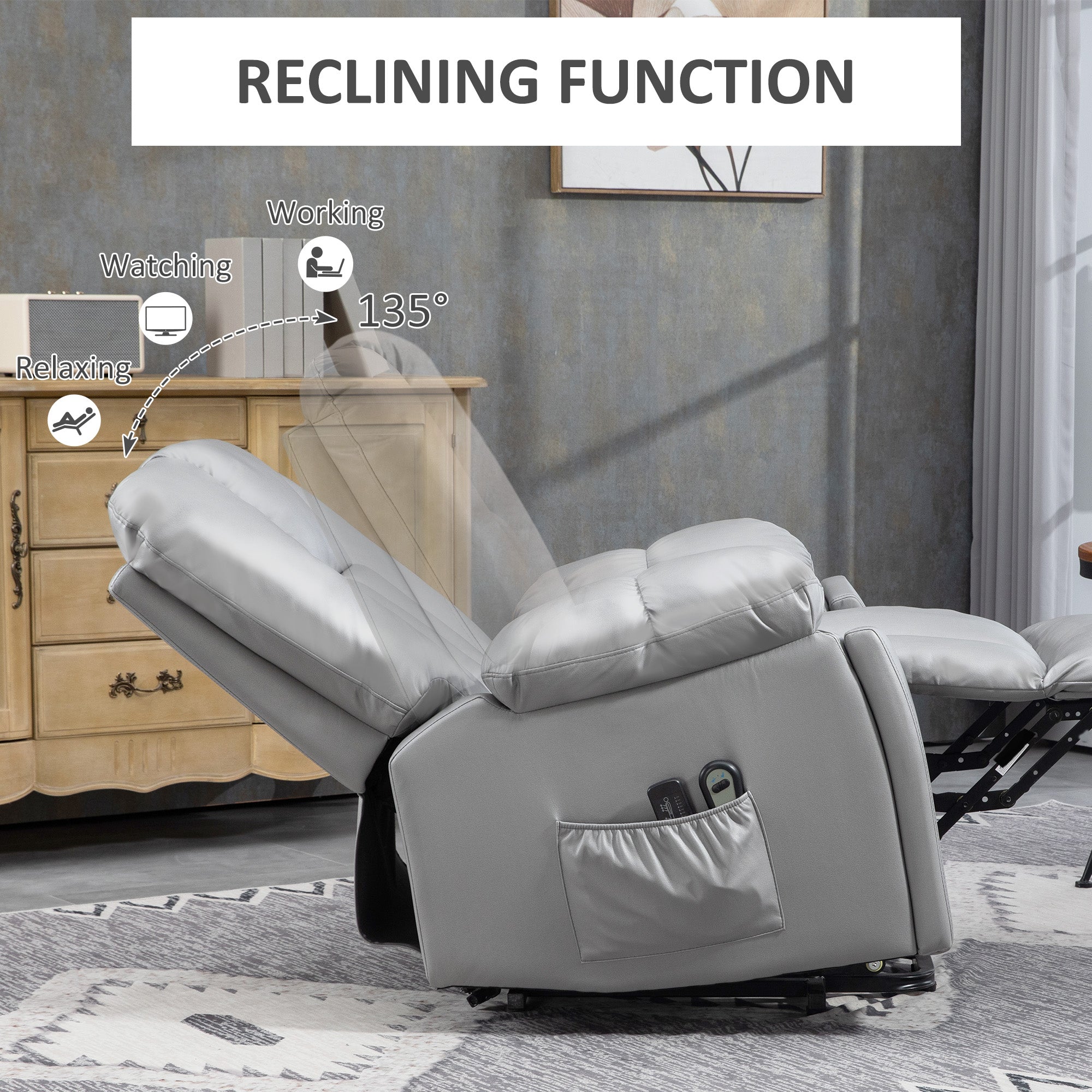 HOMCOM Leathaire Eight Massage Point Armchair, with Reclining Back - Charcoal Grey - North Peak Garden Furniture
