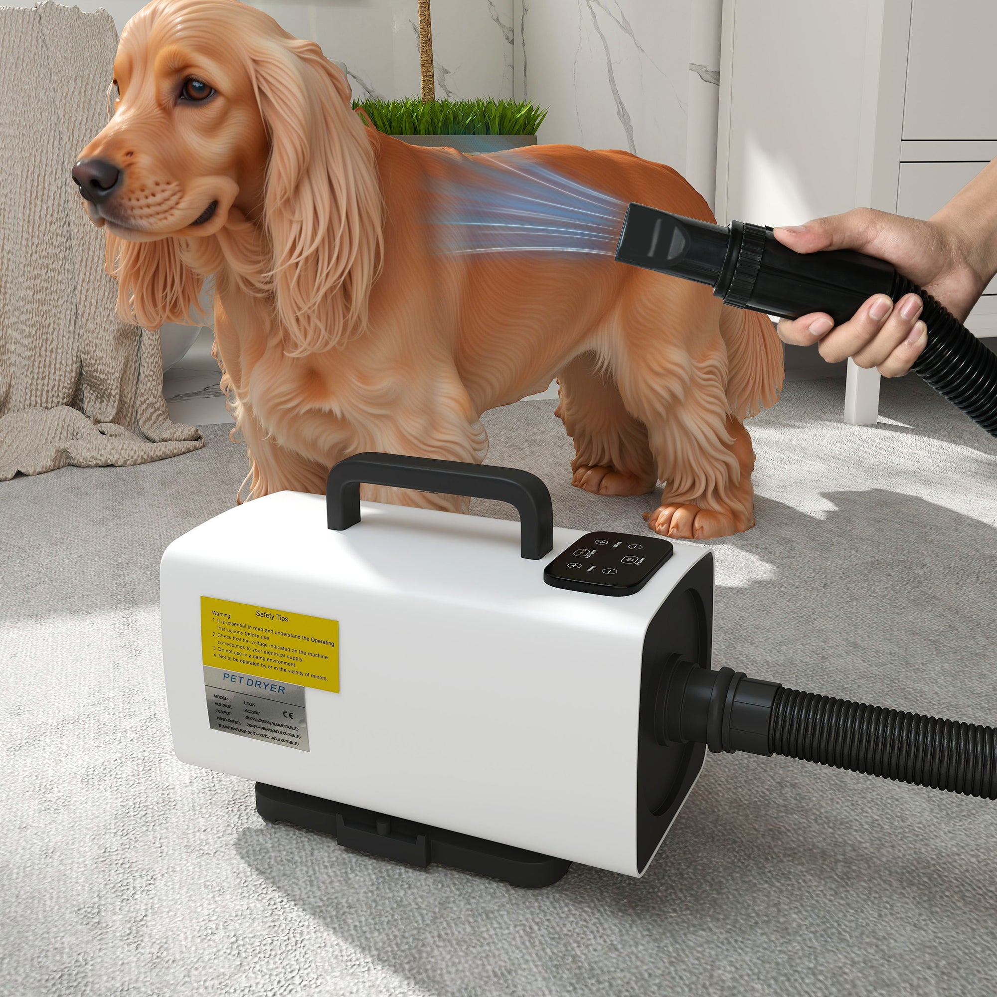 PawHut 2200W Dog Hair Dryer with Auto Adjustable Temperature & Airflow, 3 Nozzles, Digital Screen, for Dogs Cats, White - North Peak Garden Furniture
