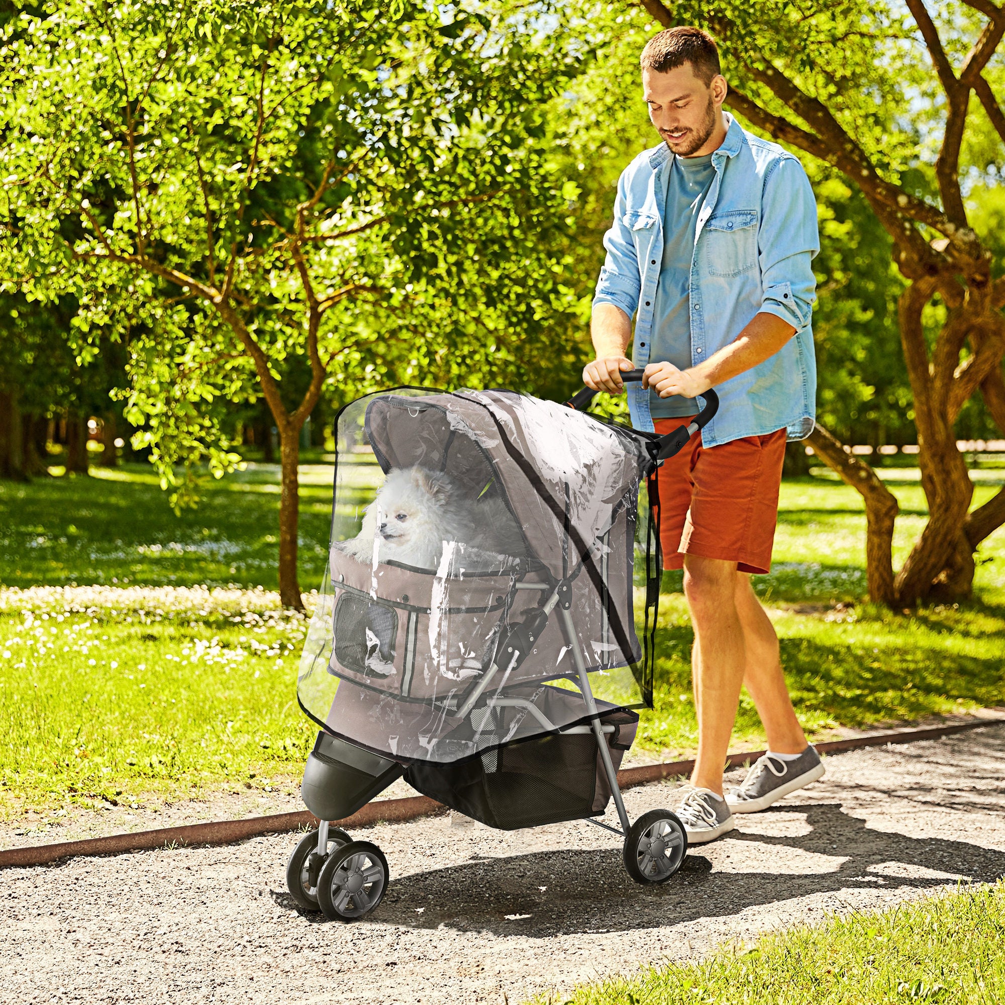 PawHut Dog Stroller with Cover for Small Miniature Dogs, Folding Cat Pram Dog Pushchair with Cup Holder, Storage Basket, Reflective Strips, Brown - North Peak Garden Furniture