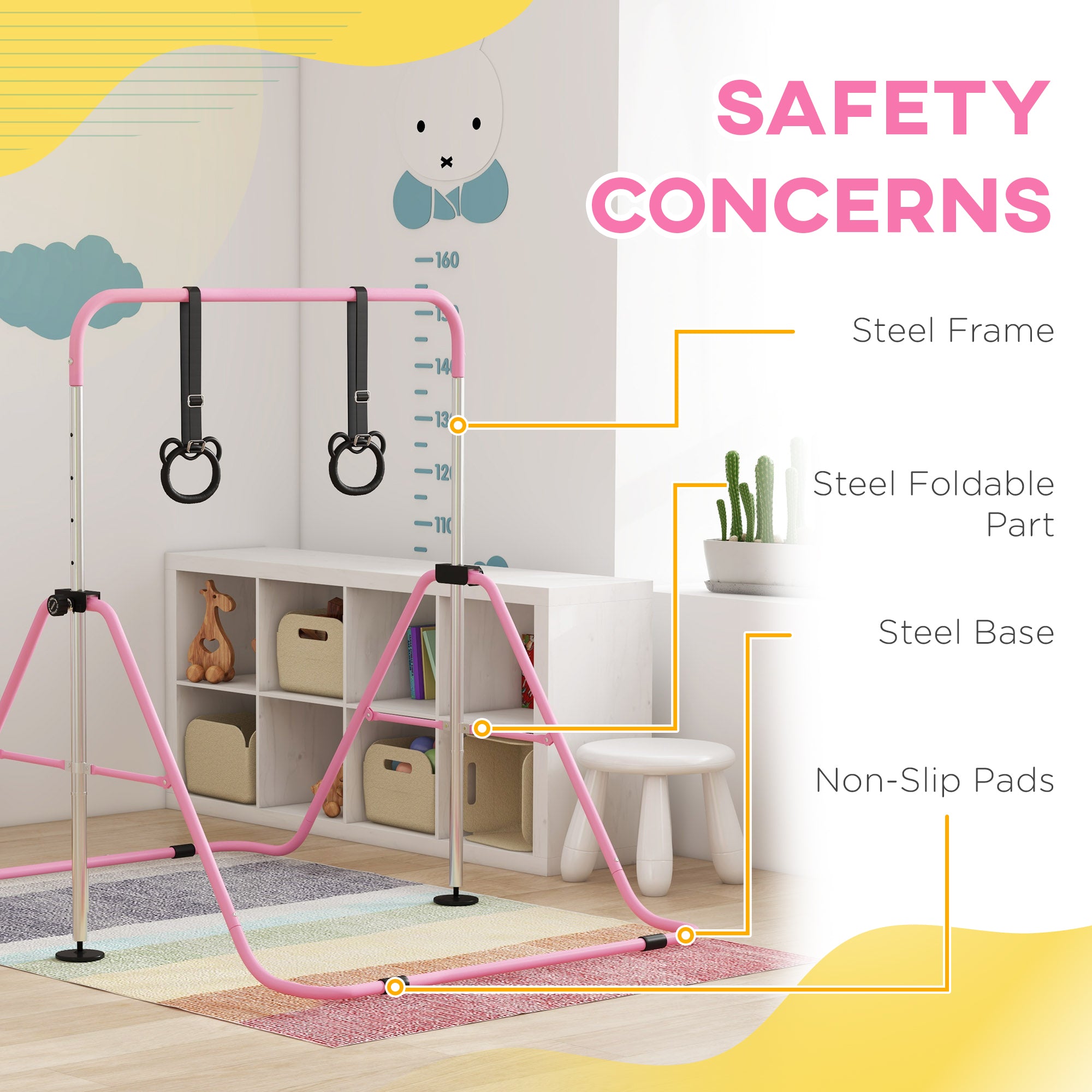 HOMCOM Adjustable Height, Foldable Kids Gymnastics Bar w/ Non-Slip Mats, for 3+ Years, Pink - North Peak Garden Furniture