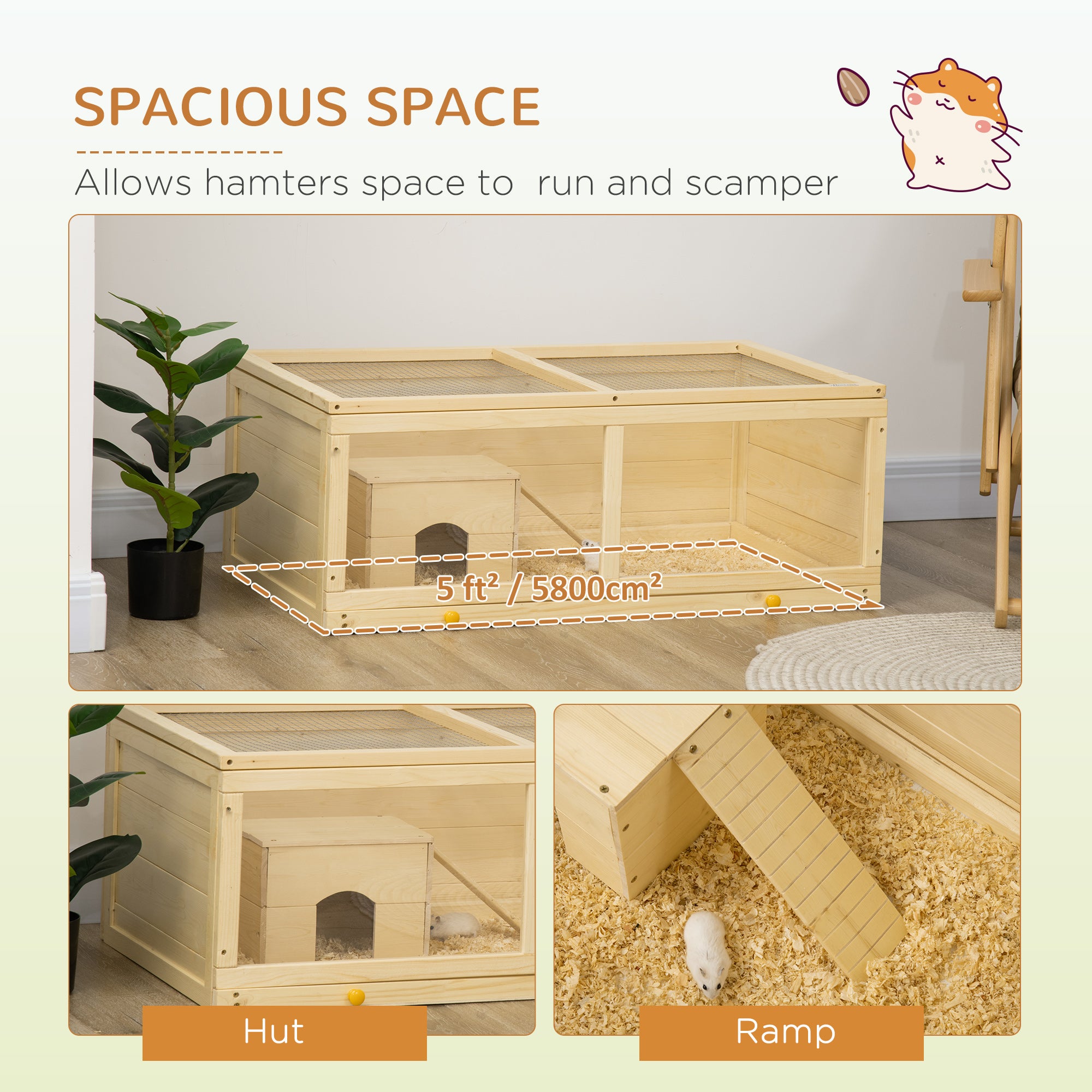 PawHut Wooden Hamster Cage with Sliding Tray, Openable Top, Hut for Syrian Hamsters, Natural Wood - North Peak Garden Furniture