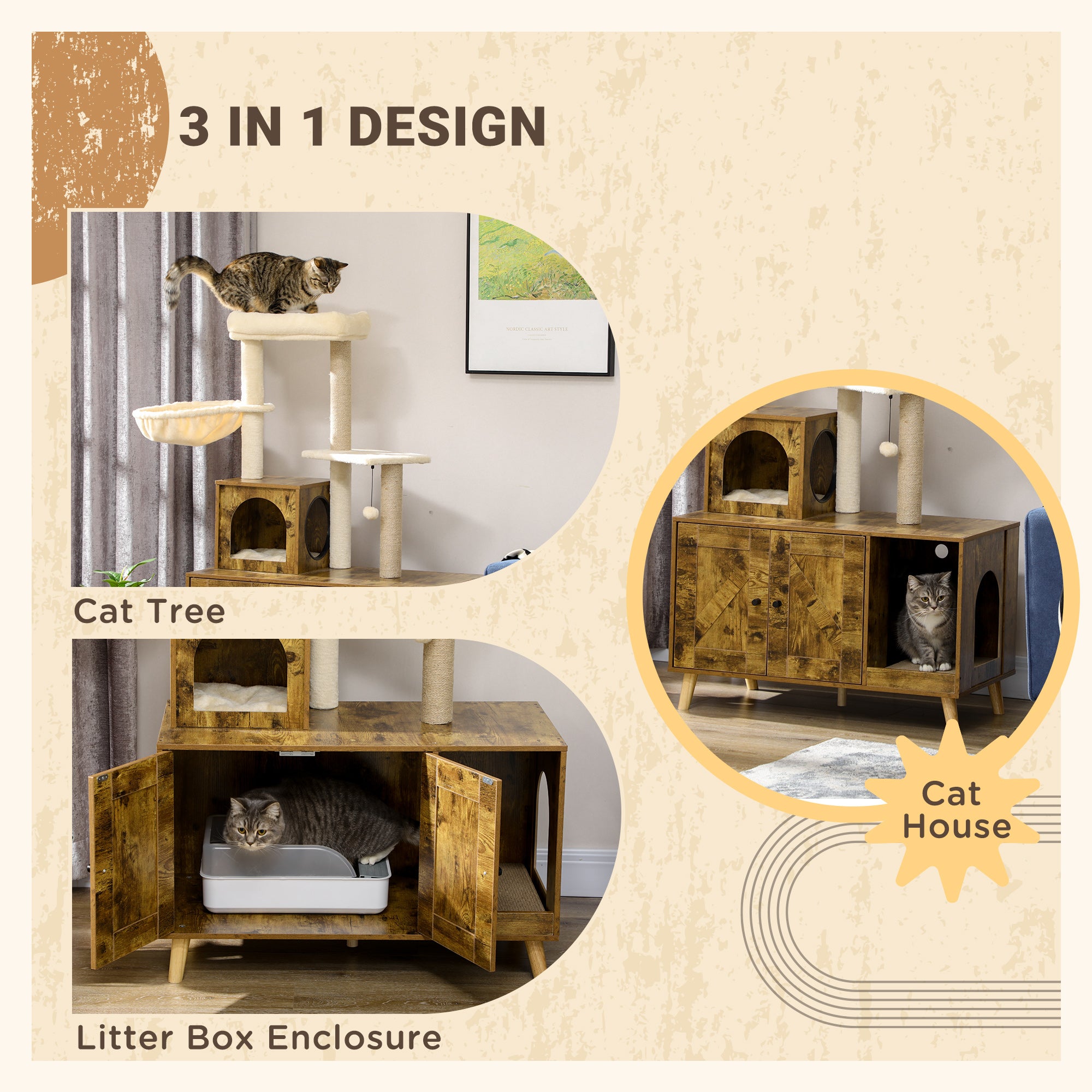 PawHut Cat Litter Box Enclosure, with Tree Tower, Cat House, Hammock, Cushion - Rustic Brown - North Peak Garden Furniture