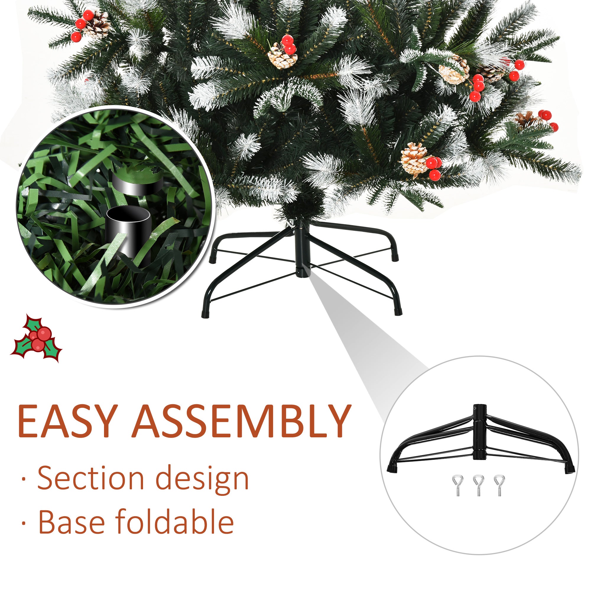 HOMCOM 6FT Artificial Snow Dipped Christmas Tree Xmas Pencil Tree Holiday Home Party Decoration with Foldable Feet Red Berries White Pinecones, Green - North Peak Garden Furniture