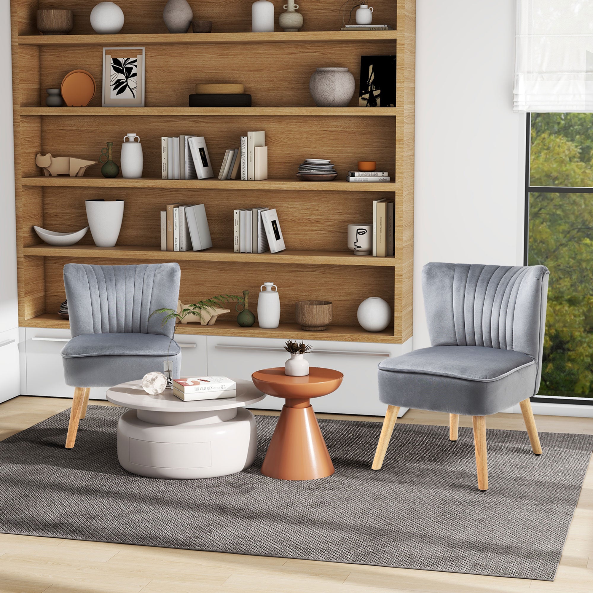 HOMCOM Velvet Accent Chair Occasional Tub Seat Padding Curved Back with Wood Frame Legs Home Furniture Set of 2 Grey - North Peak Garden Furniture