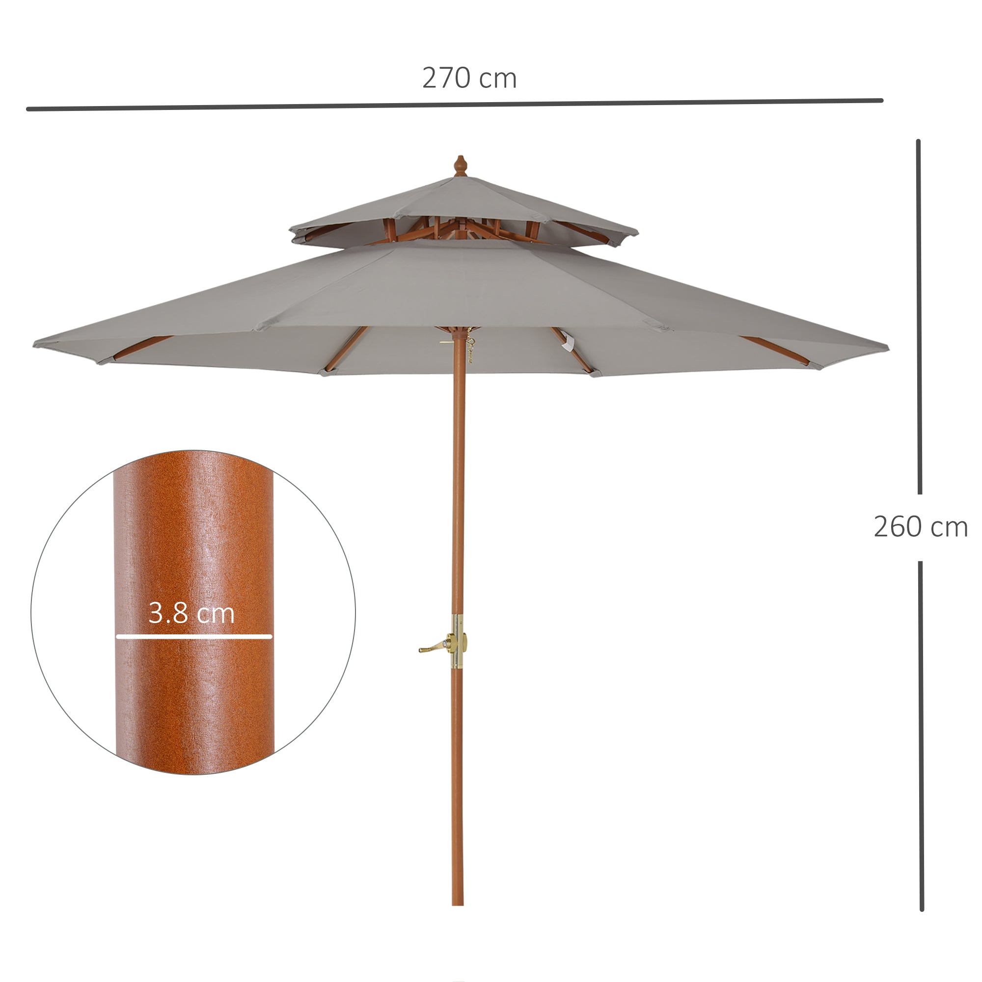 Outsunny 2.7m Elegant Wooden Frame Parasol Umbrella - Grey - North Peak Garden Furniture