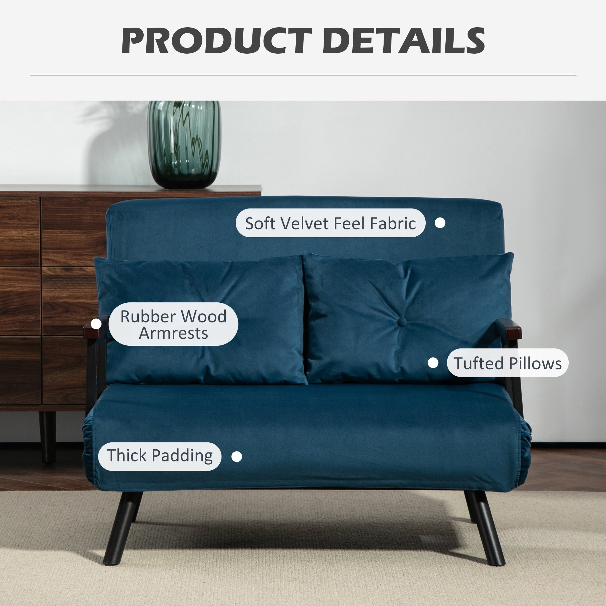 HOMCOM 4-in-1 Velvet-Feel Double Sofa Bed, with Pillows - Blue - North Peak Garden Furniture
