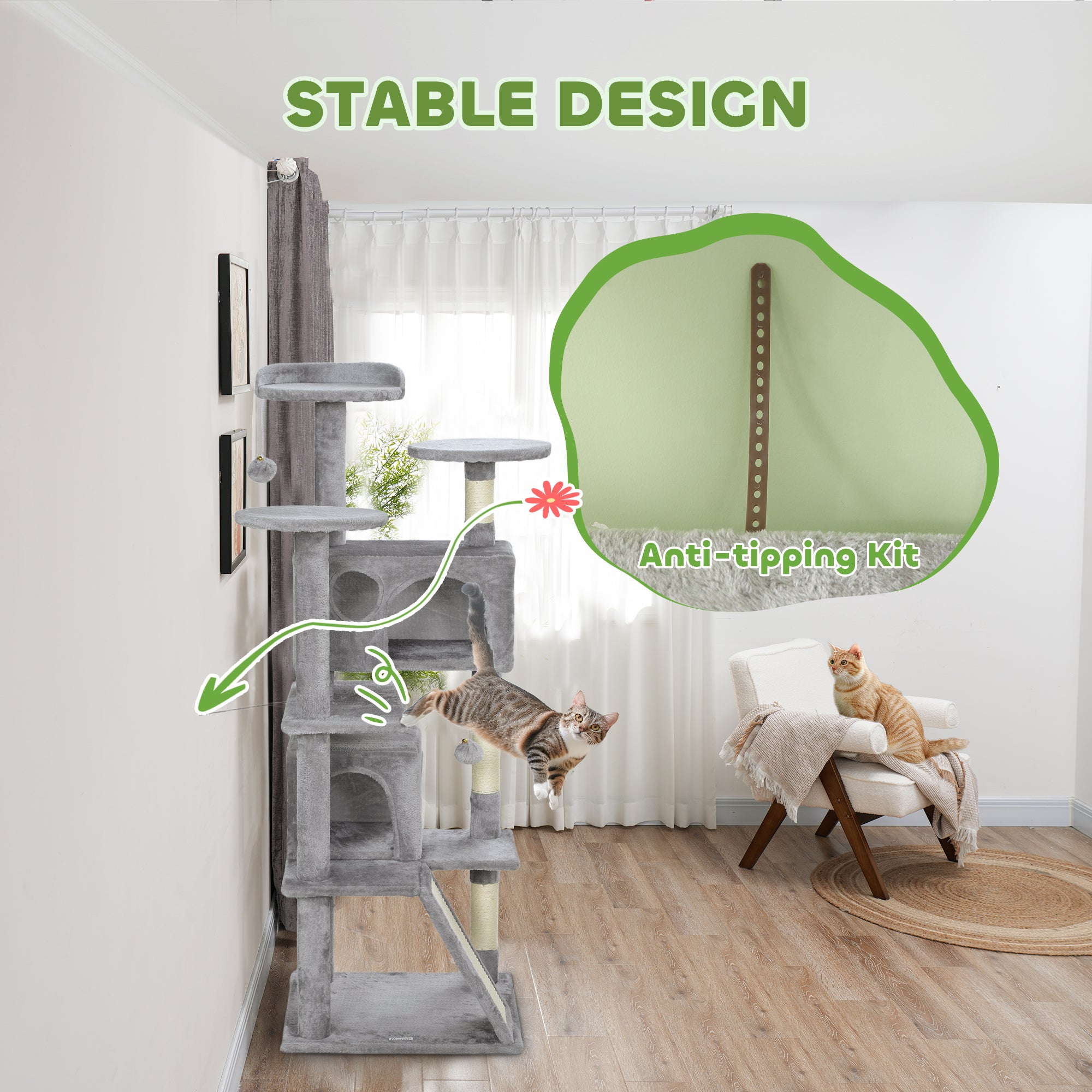 PawHut 138cm Cat Tree, Multi-Level Cat Tower with Scratching Posts and Pad, Bed, Condos, Platforms, Toy Balls, Light Grey - North Peak Garden Furniture