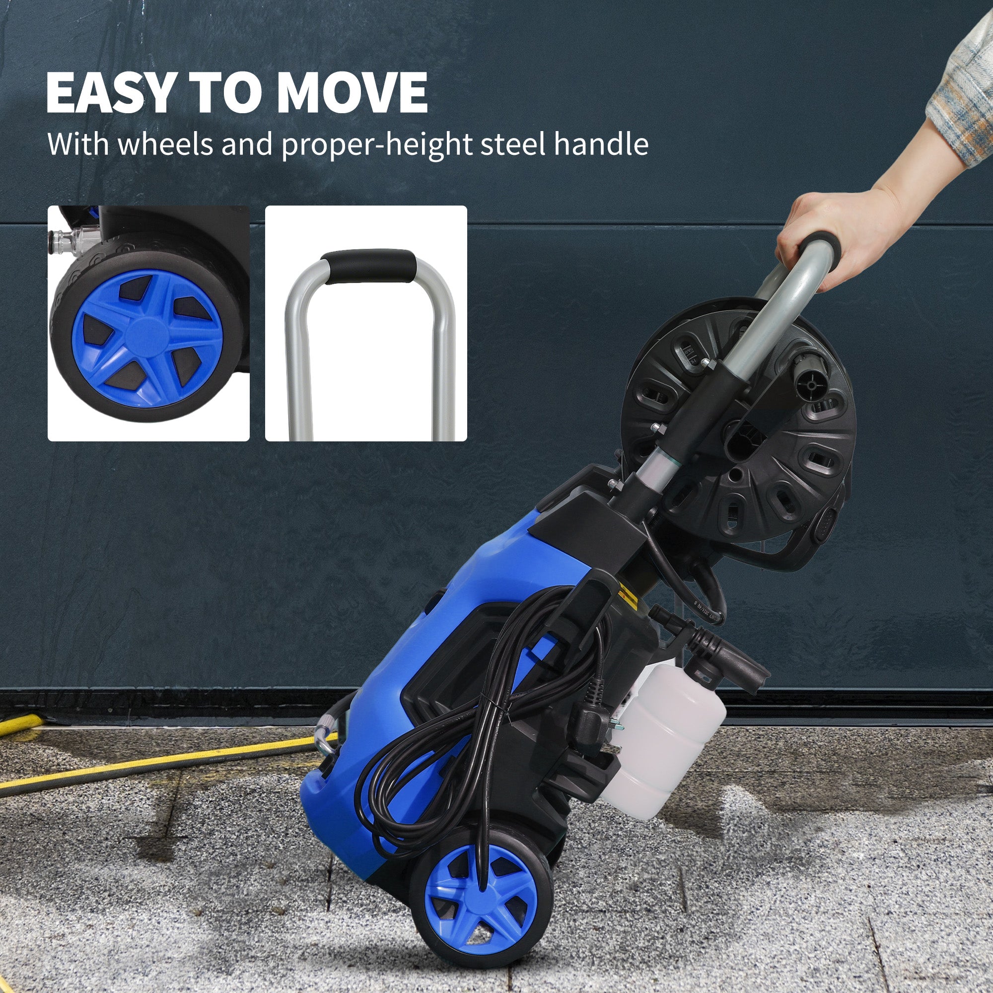 Outsunny 1800W High Pressure Washer, 150 Bar Pressure, 420 L/h Flow, Portable Power Washer Jet Wash Cleaner with Adjustable Nozzle, 6M Hose, Hose Reel, Steel Handle for Home Patio Car Driveway, Blue - North Peak Garden Furniture