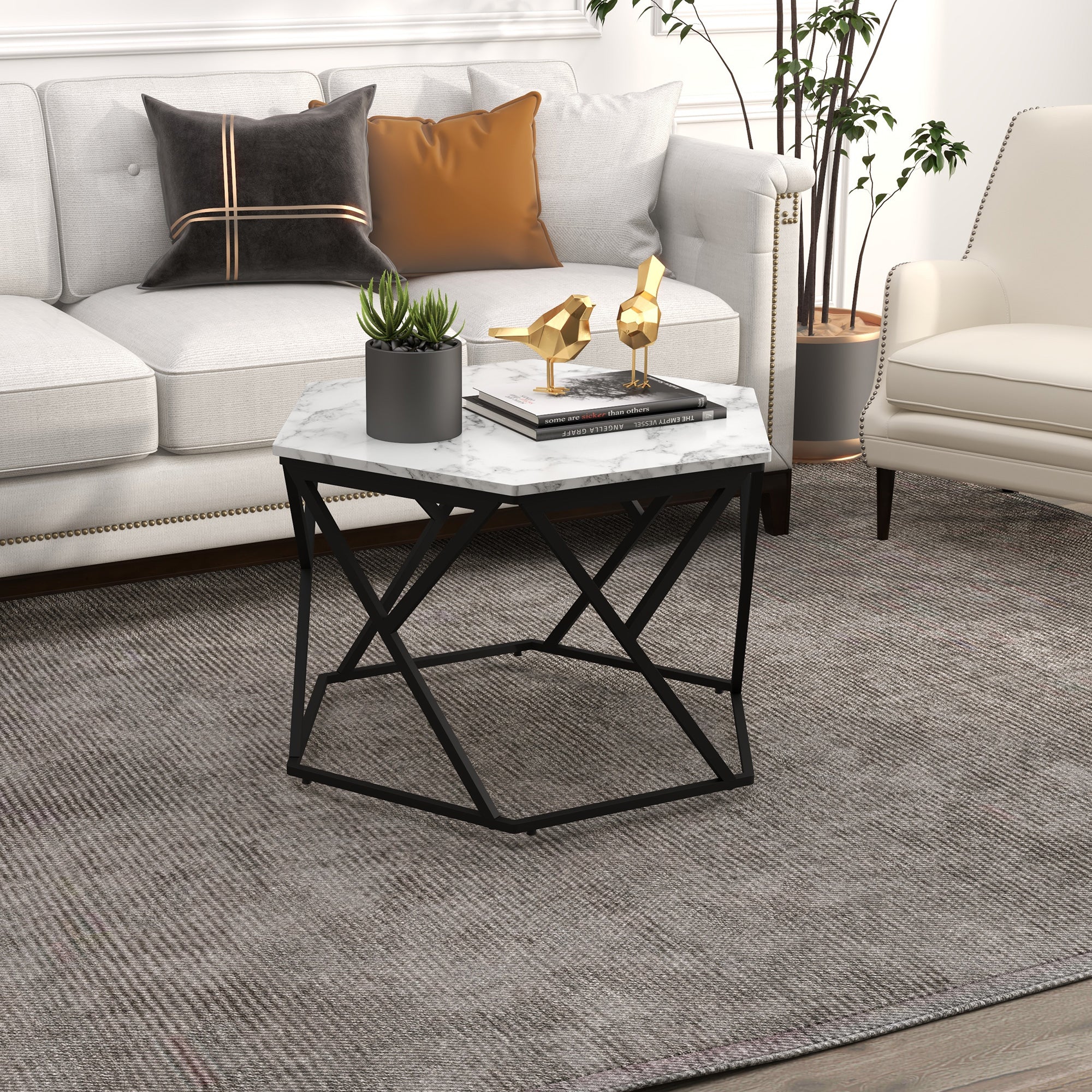 HOMCOM Hexagonal Coffee Table with High Gloss Marble Effect Table Top, Modern Cocktail Table with Steel Frame for Living Room, White - North Peak Garden Furniture