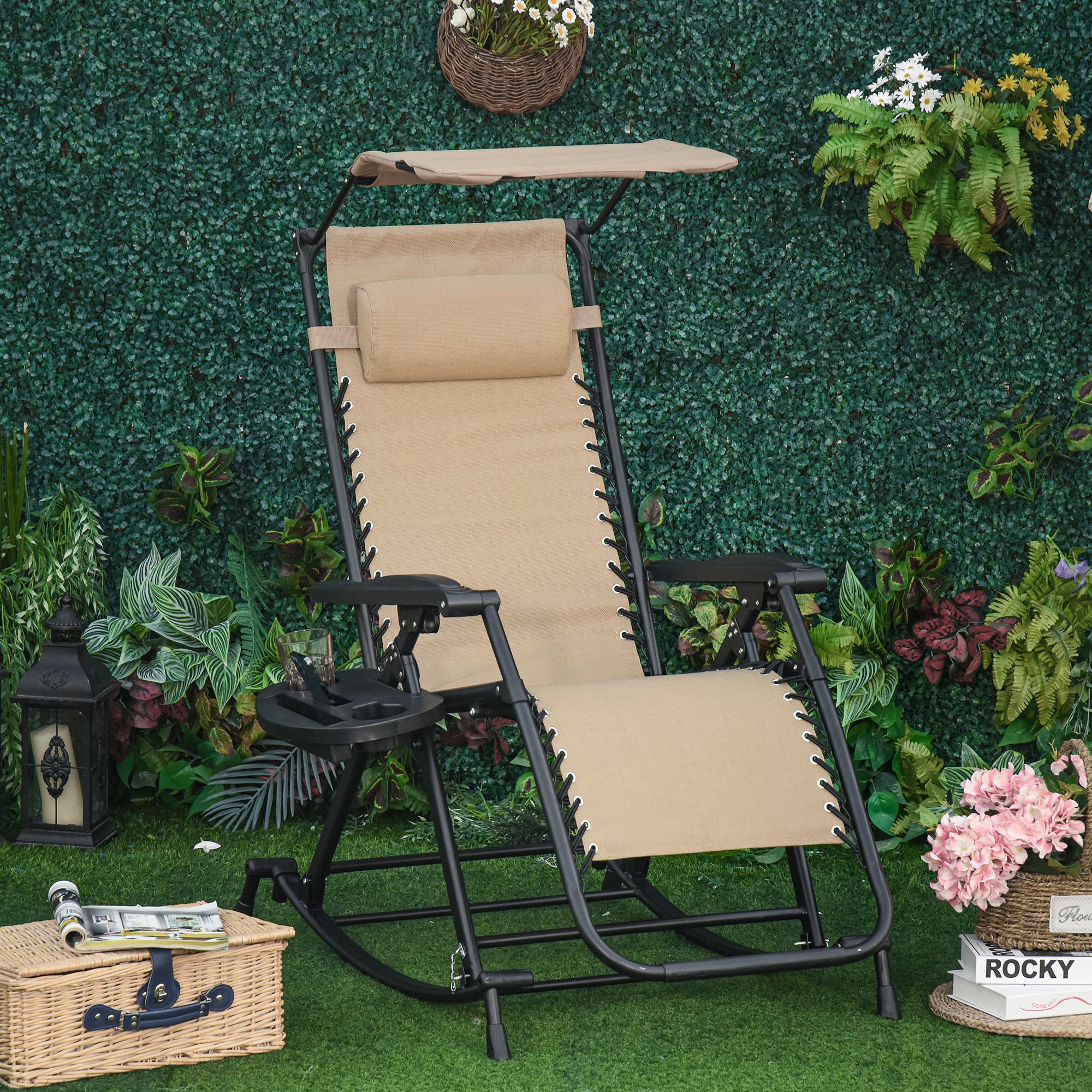 Outsunny Garden Rocking Chair Folding Recliner Outdoor Adjustable Sun Lounger Rocker Zero-Gravity Seat with Headrest Side Holder Patio Deck - Beige - North Peak Garden Furniture