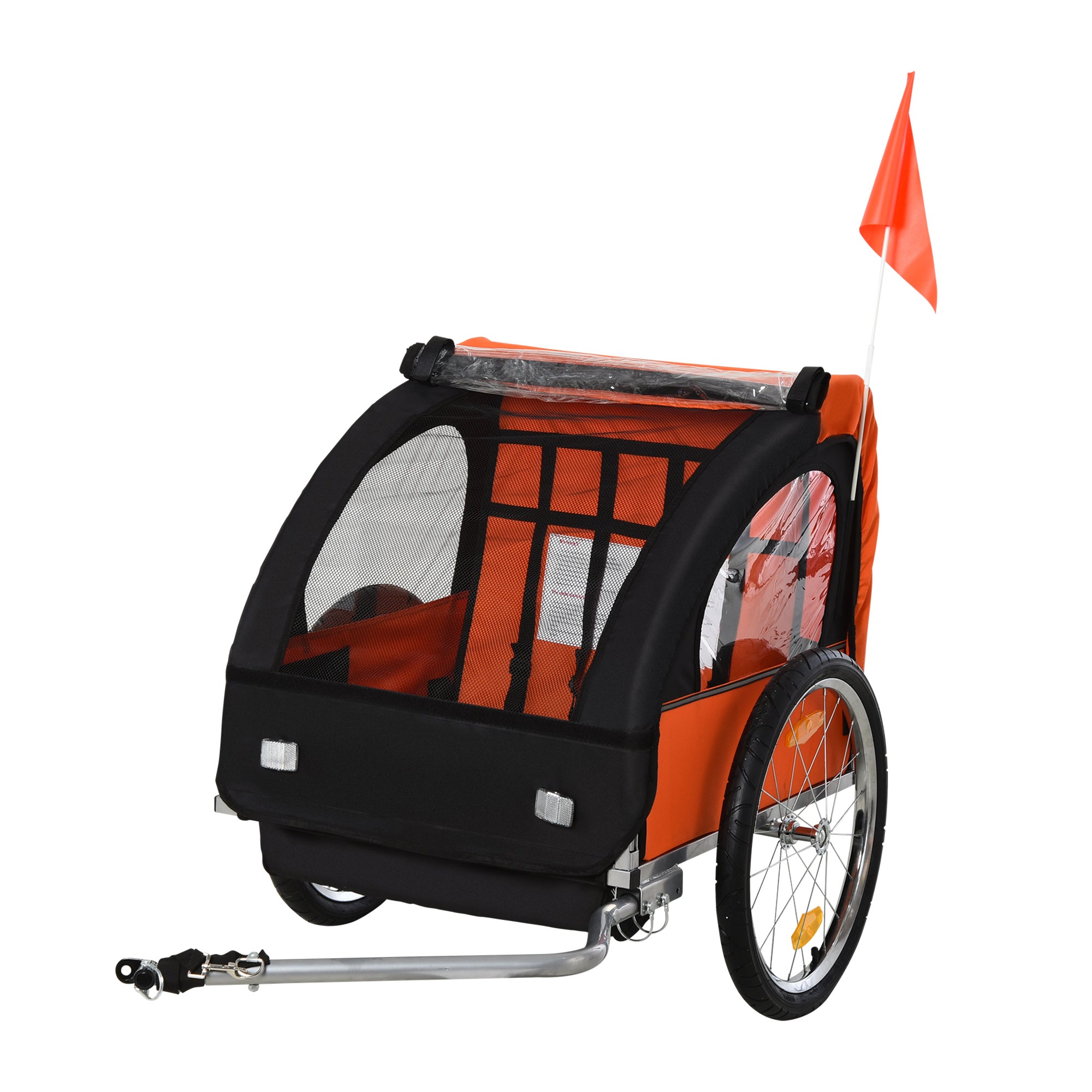 HOMCOM 2 Seat Bike Trailer Bicycle wagon for Kids Child Steel Frame Safety Harness Seat Carrier Orange Black 130 x 76 x 88 cm - North Peak Garden Furniture