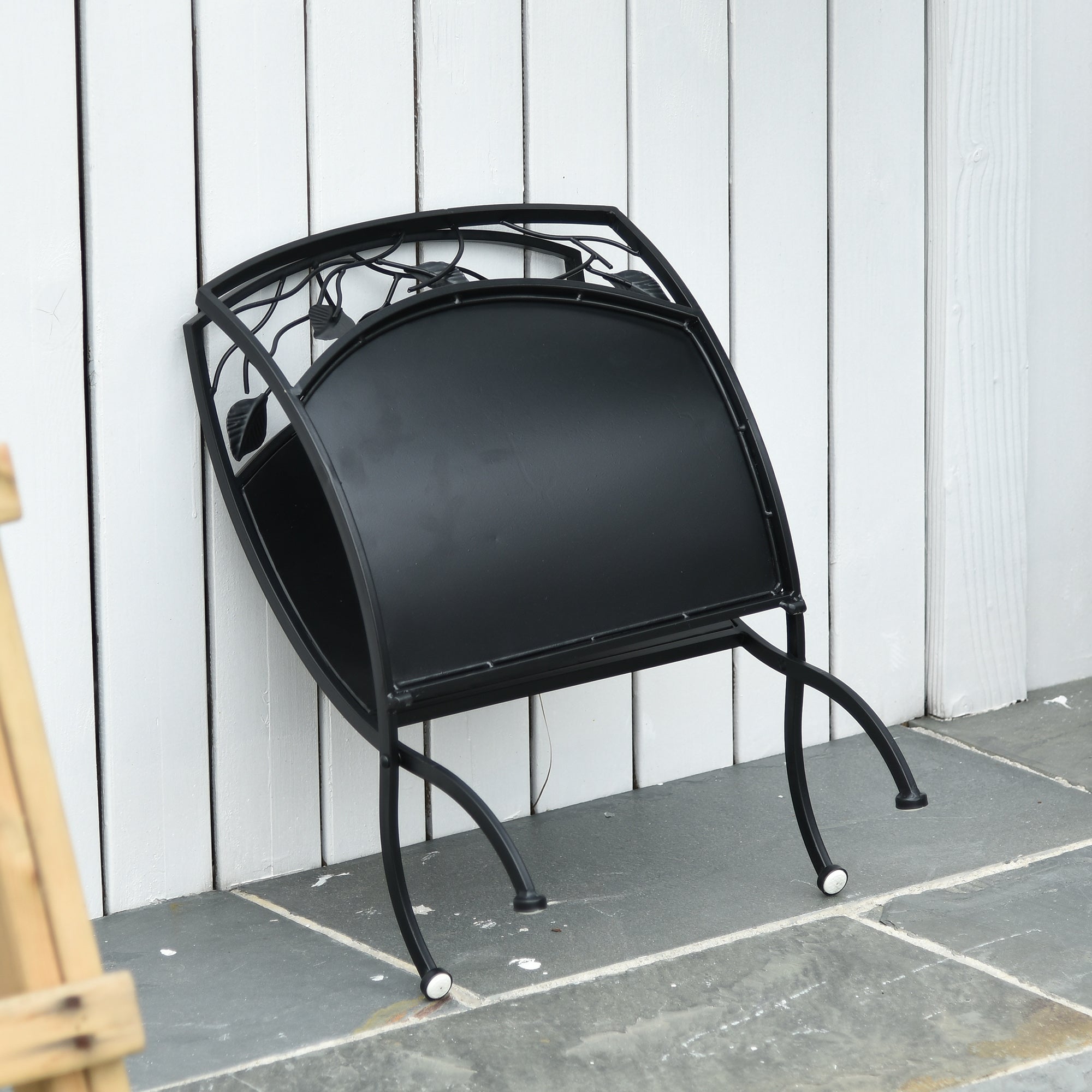 Outsunny Metal Arced Firewood Log Holder Indoor Outdoor Folding Firewood Rack Fireplace Wood Storage Shelf w/ Leaf Pattern Design, Black, 43.5W x 36.5D x 41H cm - North Peak Garden Furniture