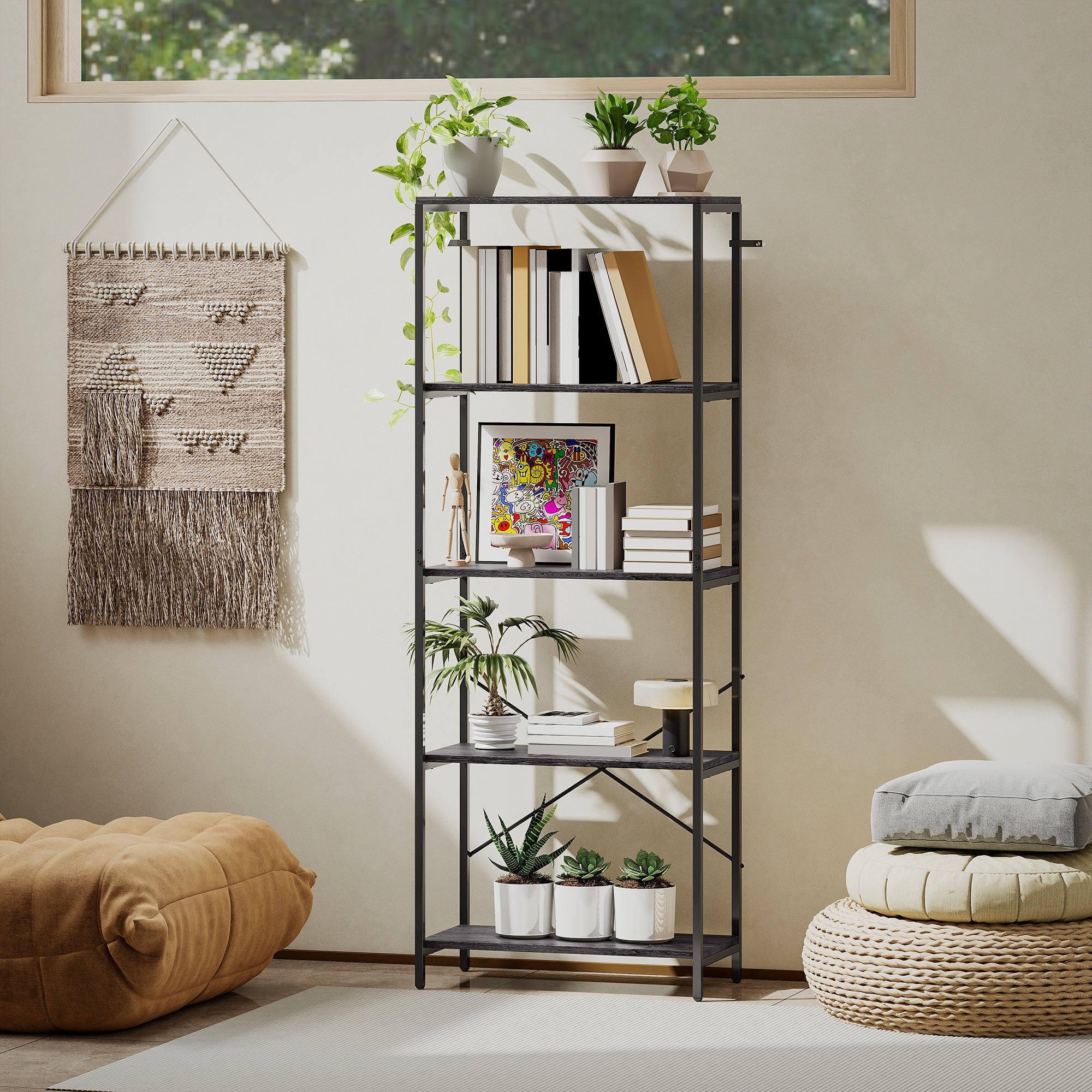 HOMCOM 5-Tier Bookshelf, Industrial Bookcase with Metal Frame - Dark Grey and Black
