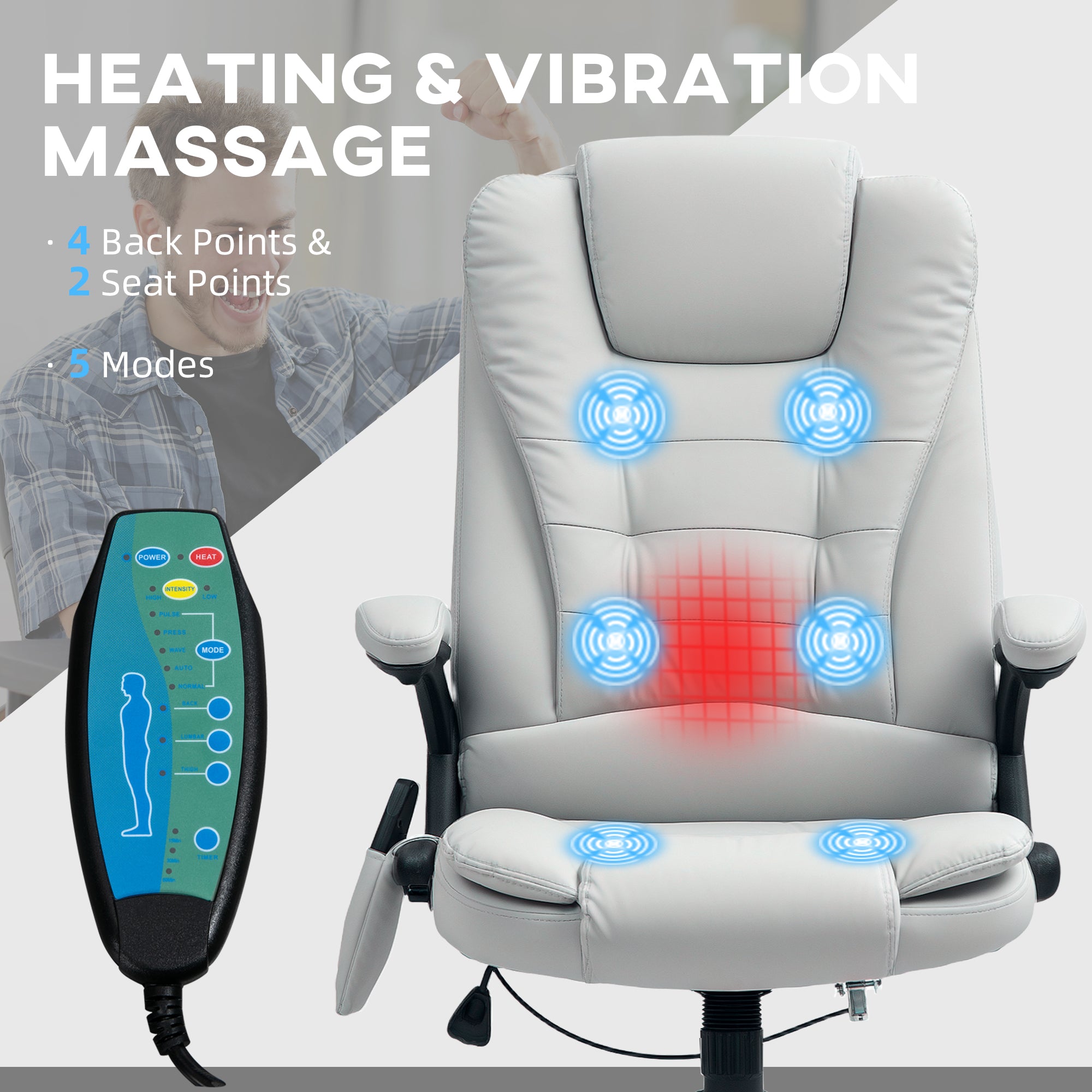 HOMCOM Executive Office Chair with Massage and Heat, High Back PU Leather Massage Office Chair with Adjustable Height, Light Grey - North Peak Garden Furniture