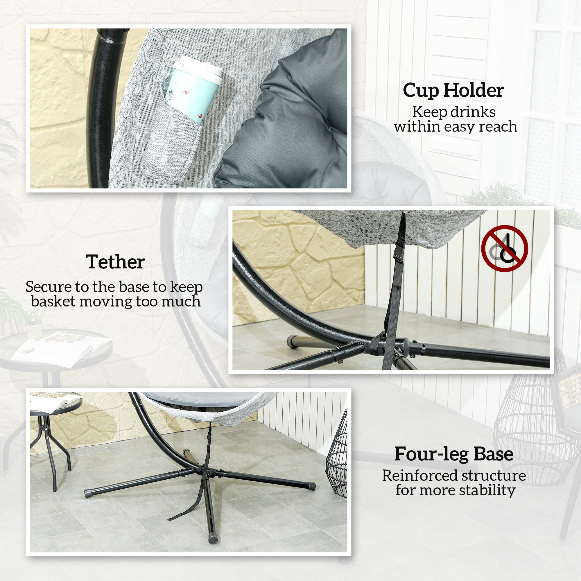Outsunny Hanging Egg Chair Outdoor Indoor Garden Swing Chair with Folding Basket, Garden Hanging Chair with Stand, Thickened Cushion, Cup Holder for Patio, Balcony, Grey - North Peak Garden Furniture