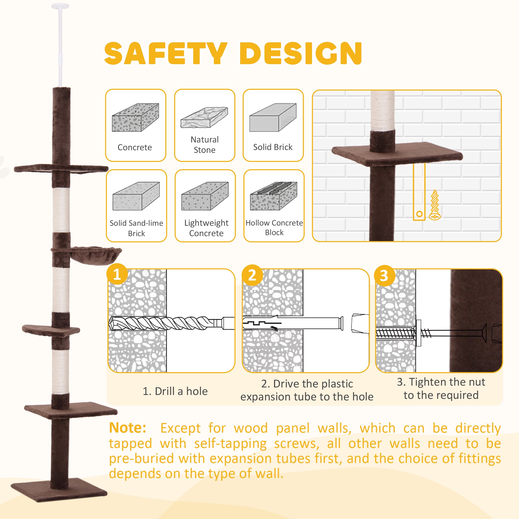 PawHut Floor to Ceiling Cat Tree for Indoor Cats 5-Tier Kitty Tower Climbing Activity Center Scratching Post Adjustable Height 230-260 cm Brown