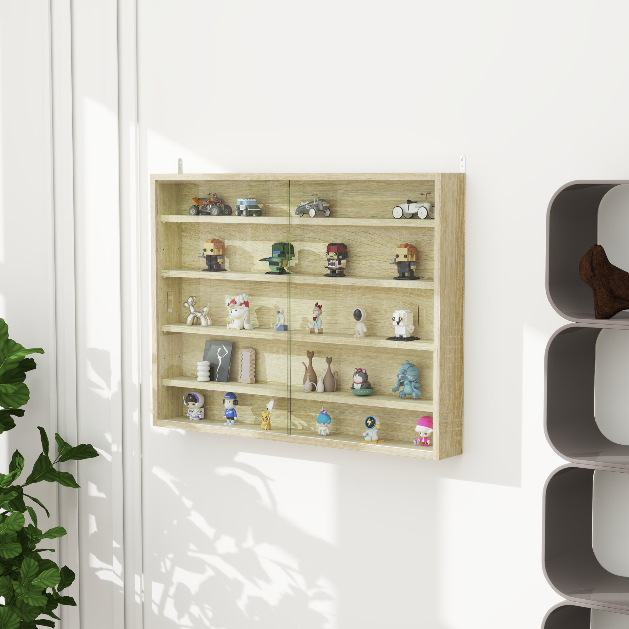 HOMCOM 5-Tier Wall Display Shelf Unit Cabinet w/ 4 Adjustable Shelves Glass Doors Home Office Ornaments 60x80cm Oak - North Peak Garden Furniture