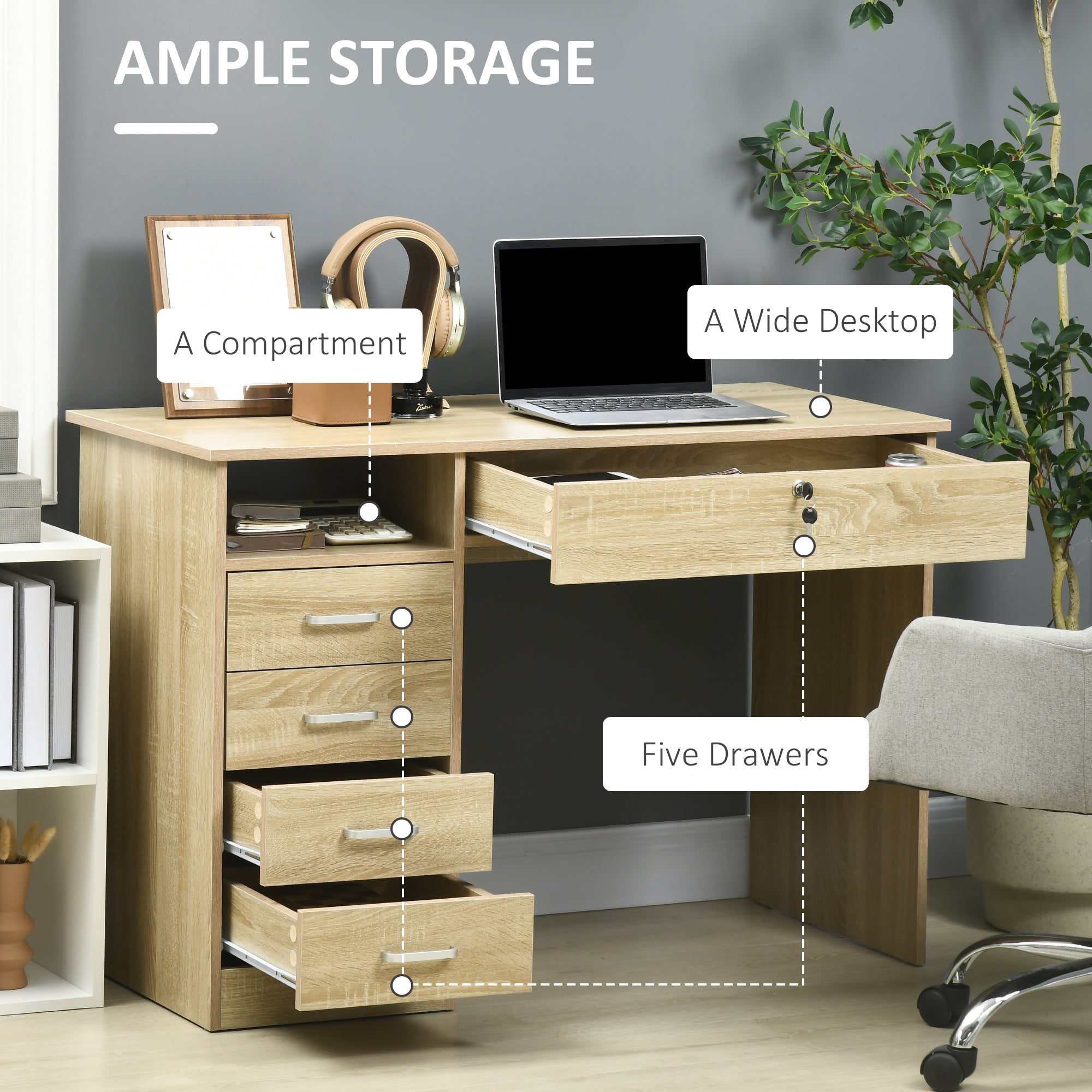 HOMCOM Computer Desk, Home Office Desk with Lockable Drawer, Storage Shelf for Study Bedroom, 110 x 50 x 76 cm, Oak - North Peak Garden Furniture
