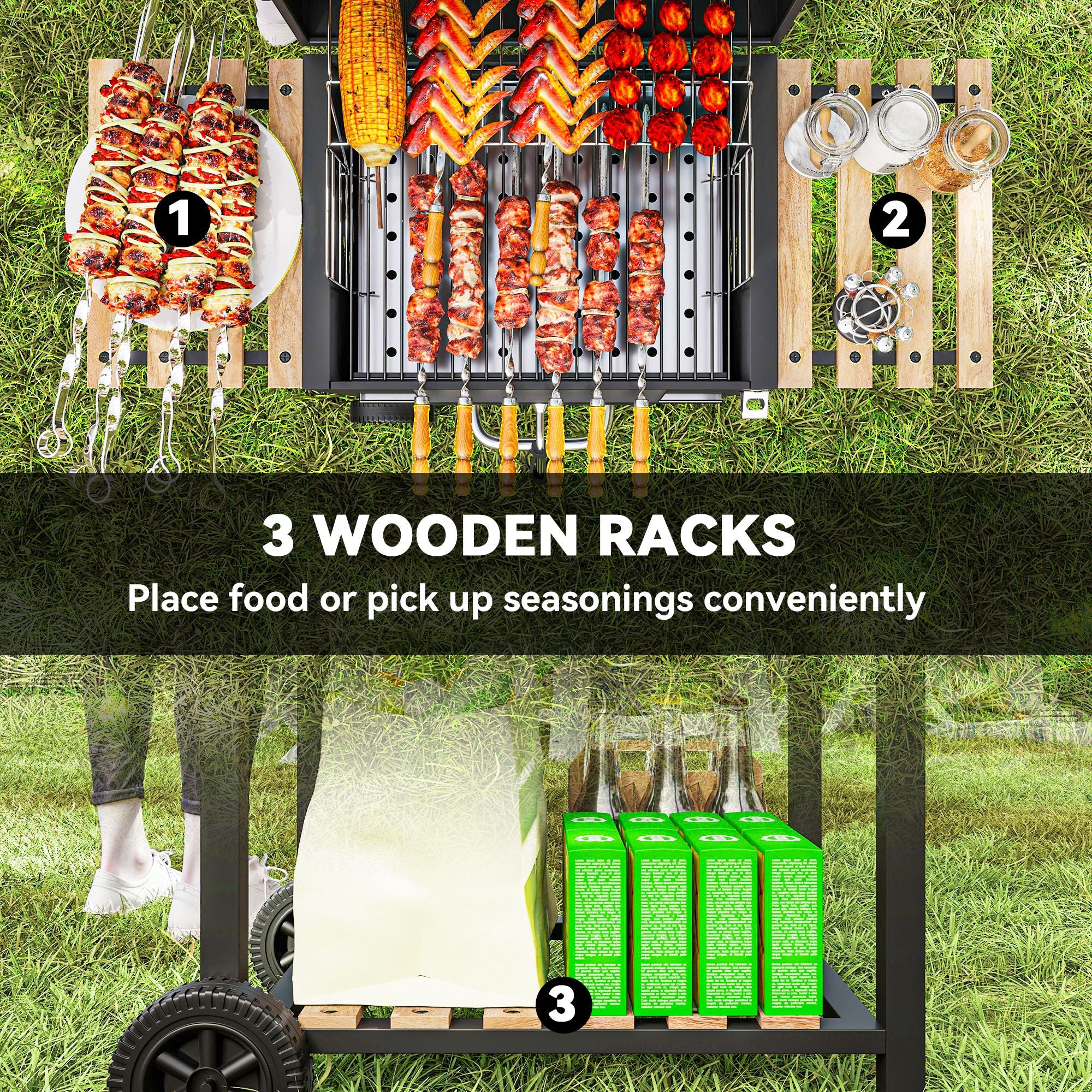 Outsunny Charcoal BBQ Grill with Height Adjustable Charcoal Pan, Portable Barbecue Smoker with Warming Rack, 3 Shelves, Temperature Gauge, Wheels, Bottle Opener for Outdoor Cooking Garden Party - North Peak Garden Furniture