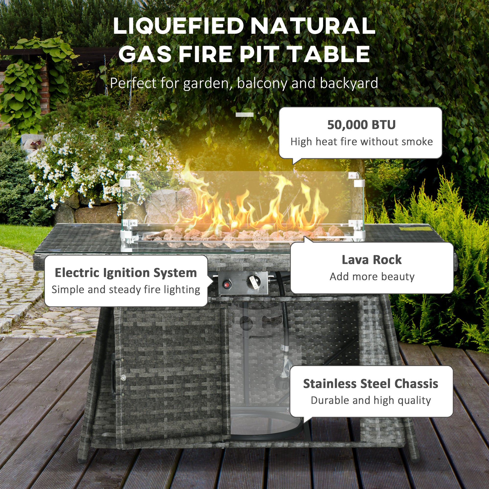 Outsunny 6 Seater Rattan Garden Furniture Set, Gas Fire Pit Table, Wicker Loveseat, 2 Armchairs and 2 Footstools, 6 Piece Patio Rattan furniture Sofa Sets with Cushions for Conservatory, Grey - North Peak Garden Furniture