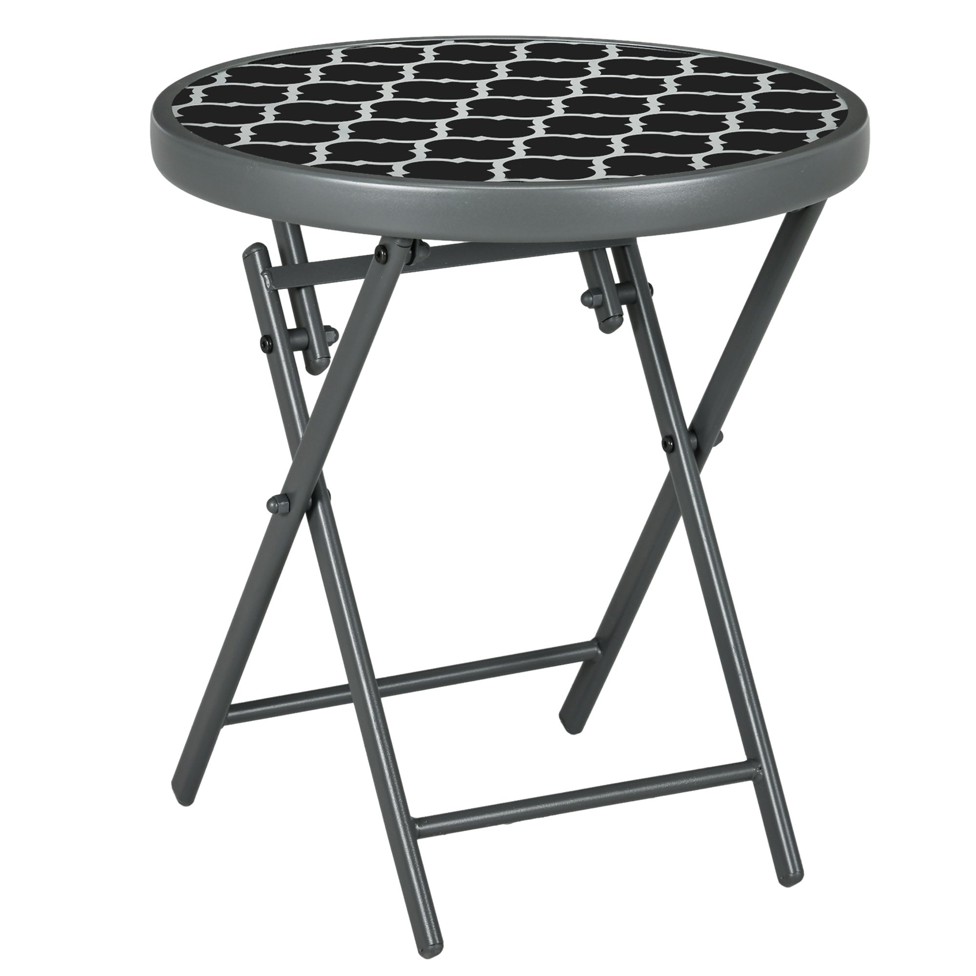 Outsunny Φ45cm Garden Side Table, Outdoor Round Folding Patio Table with Imitation Marble Glass Top, Small Coffee Table, Black and White - North Peak Garden Furniture