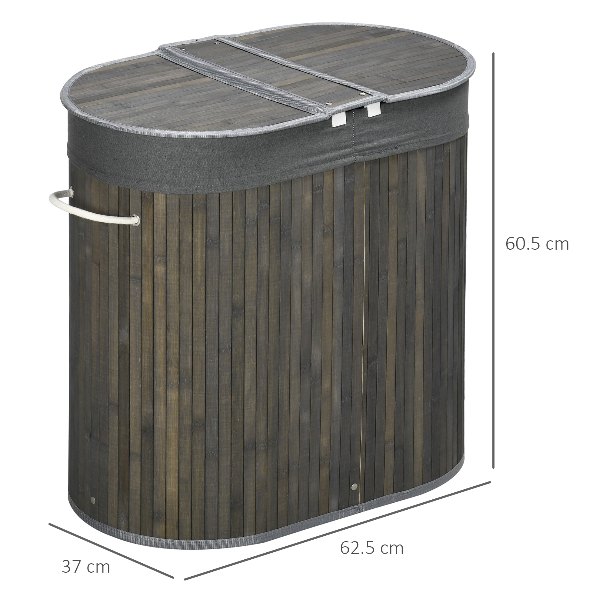 HOMCOM Bamboo Laundry Basket with Lid, 100 Litres Laundry Hamper with 2 Sections, Removable Washable Lining, Washing Baskets, 62.5 x 37 x 60.5cm, Grey - North Peak Garden Furniture