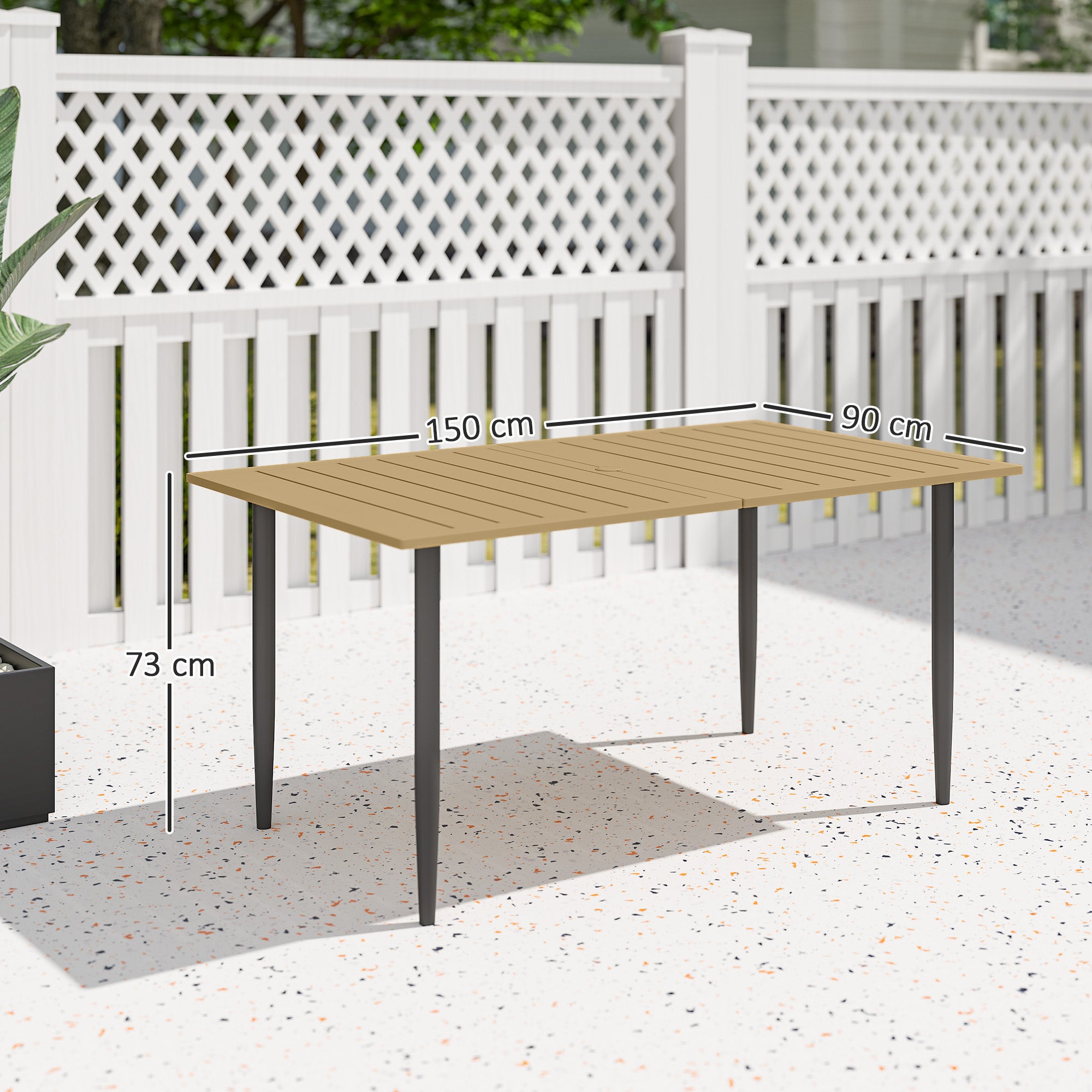 Outsunny Garden Dining Table for 6 Person, Rectangle Outdoor Coffee Table with 5 cm Parasol Hole, Slatted Tabletop and Steel Frame for Patio Balcony, Brown - North Peak Garden Furniture