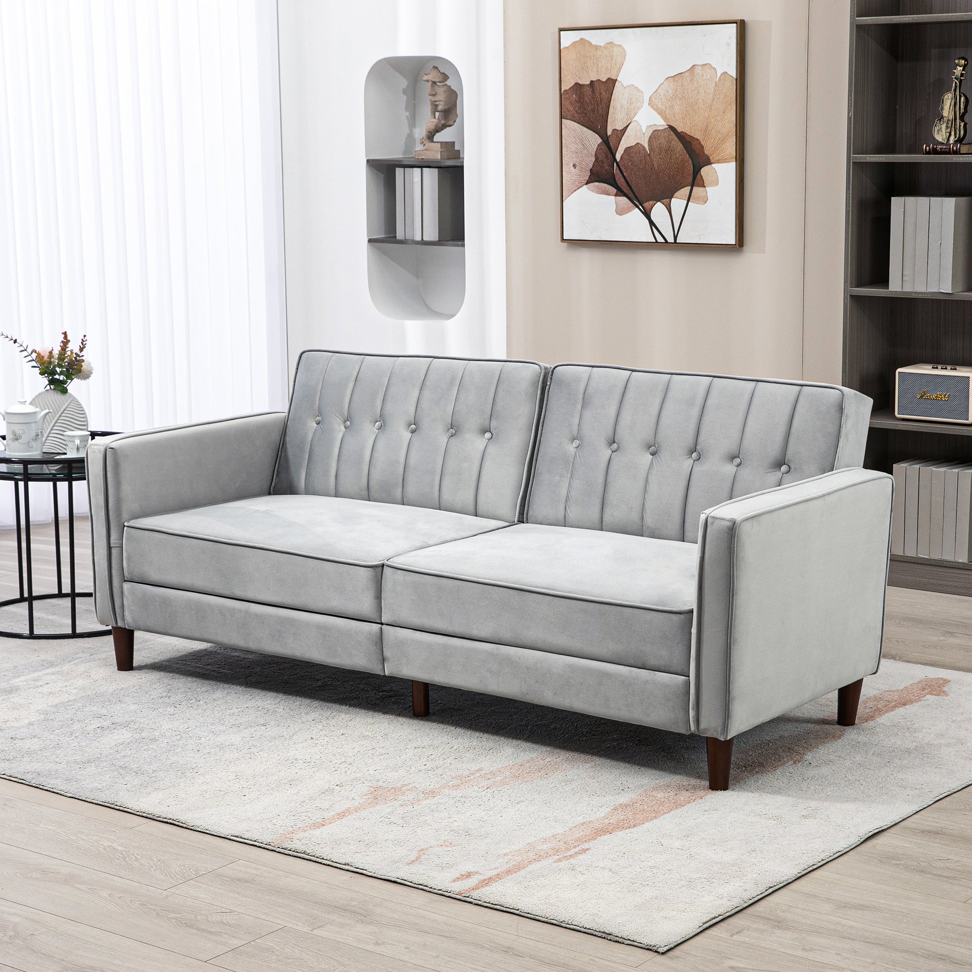 HOMCOM Modern Convertible Sofa Futon Velvet-Touch Tufted Couch Compact Loveseat with Adjustable Split Back, Light Grey