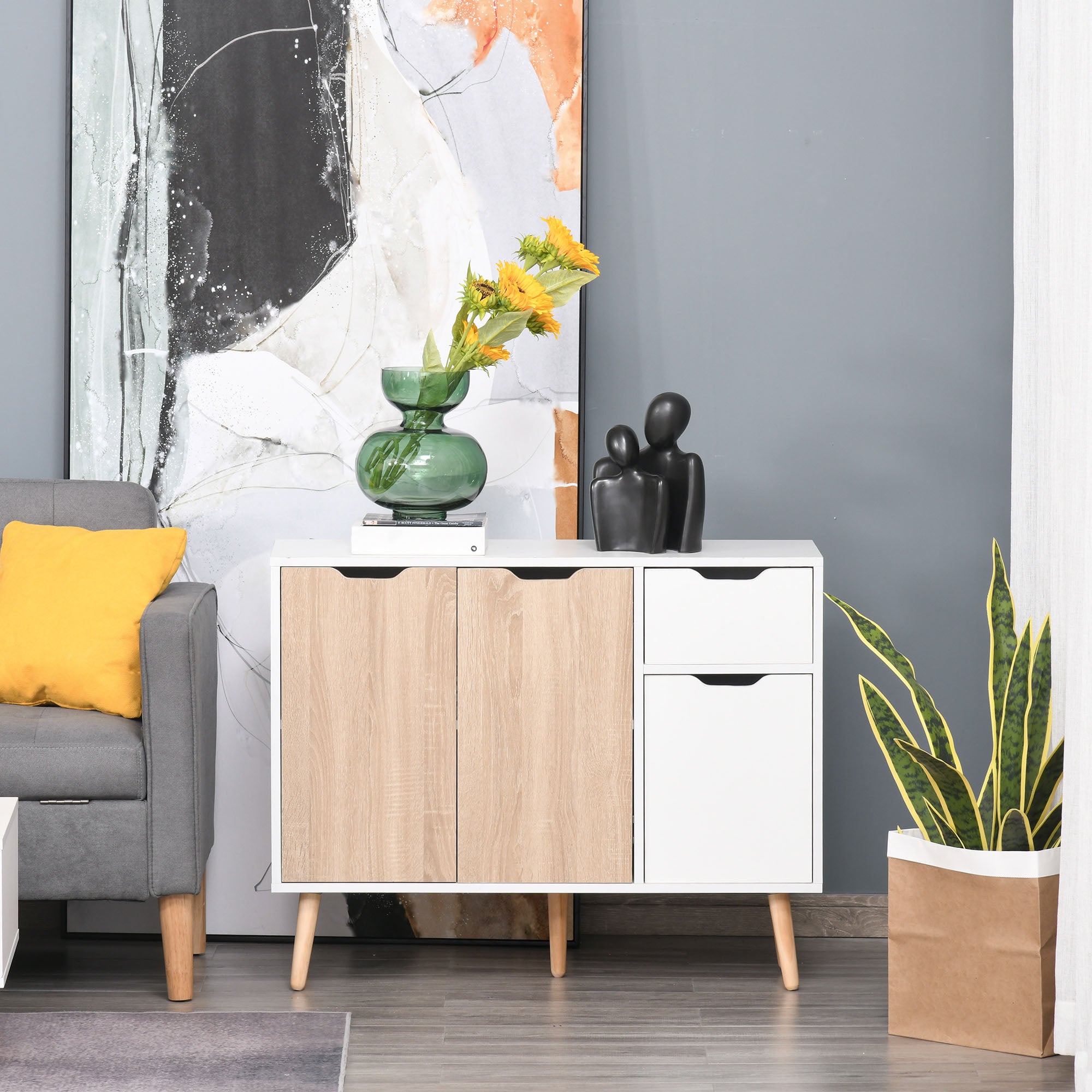 HOMCOM Sideboard Floor Standing Storage Cabinet with Drawer for Bedroom, Living Room, Home Office, Natural