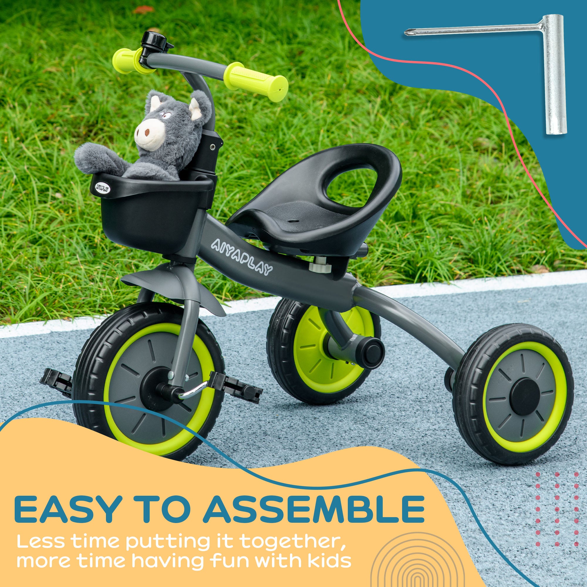 AIYAPLAY Kids Trike, Tricycle, with Adjustable Seat, Basket, Bell, for Ages 2-5 Years - Black - North Peak Garden Furniture