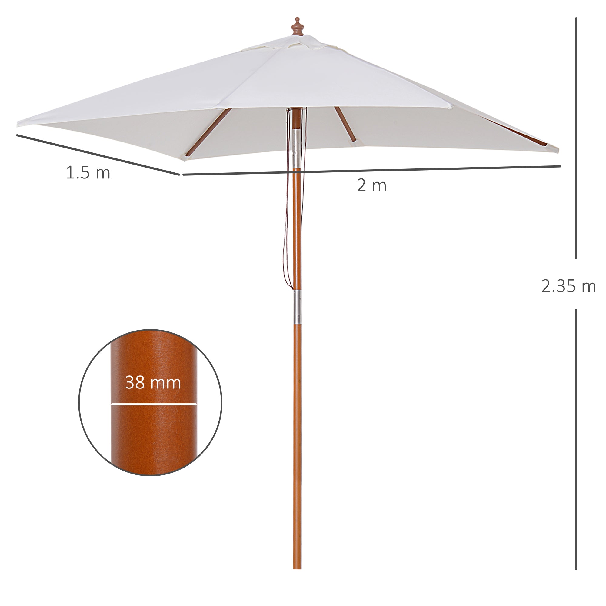 Outsunny 2m x 1.5m Garden Parasol Umbrella with Tilting Sunshade Canopy, Outdoor Market Table Umbrella with Wood and Bamboo Frame, Cream White